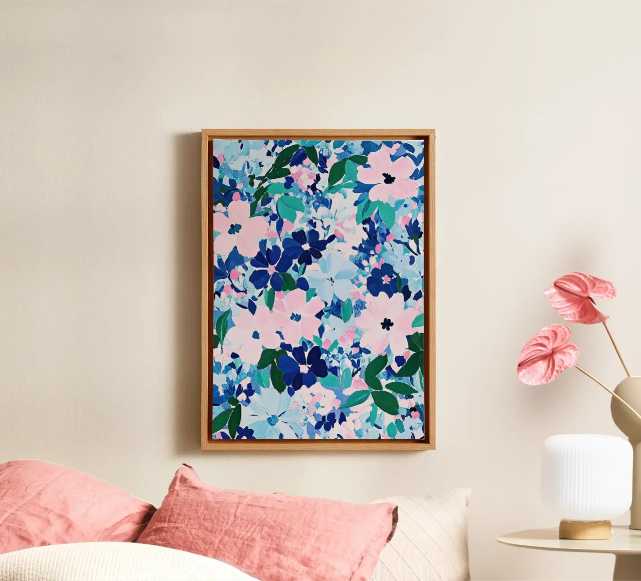 Bloemen Roze Blauw Pastel Matisse Geïnspireerd Abstract canvas met Baklijst van Nikis Art Studio