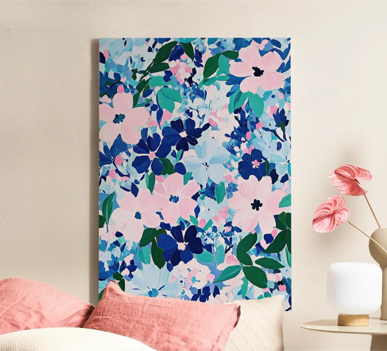 Bloemen Roze Blauw Pastel Matisse Geïnspireerd Abstract canvas met Baklijst van Nikis Art Studio