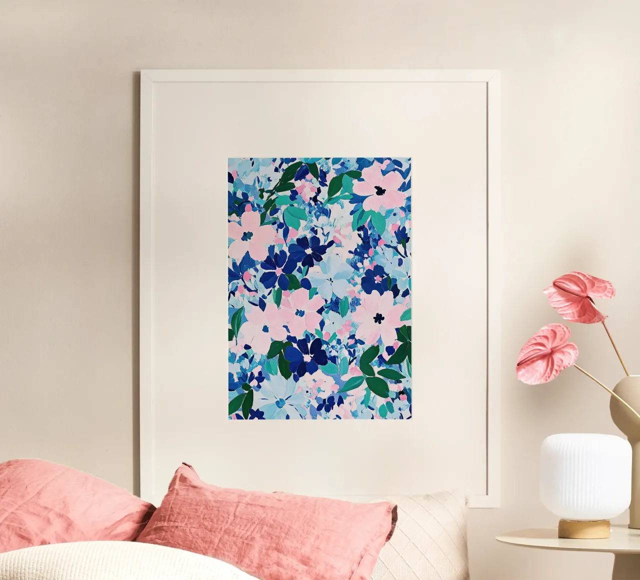 Floreale rosa blu fiori pastello di ispirazione matissiana astratta poster con telaio in alluminio da Nikis Art Studio