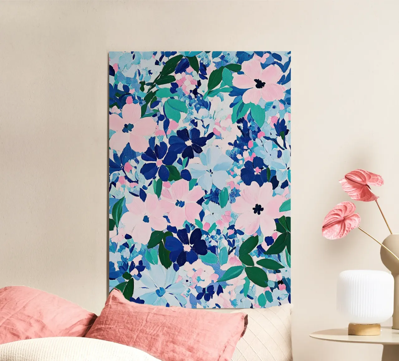Floreale rosa blu fiori pastello di ispirazione matissiana astratta poster con telaio in alluminio da Nikis Art Studio