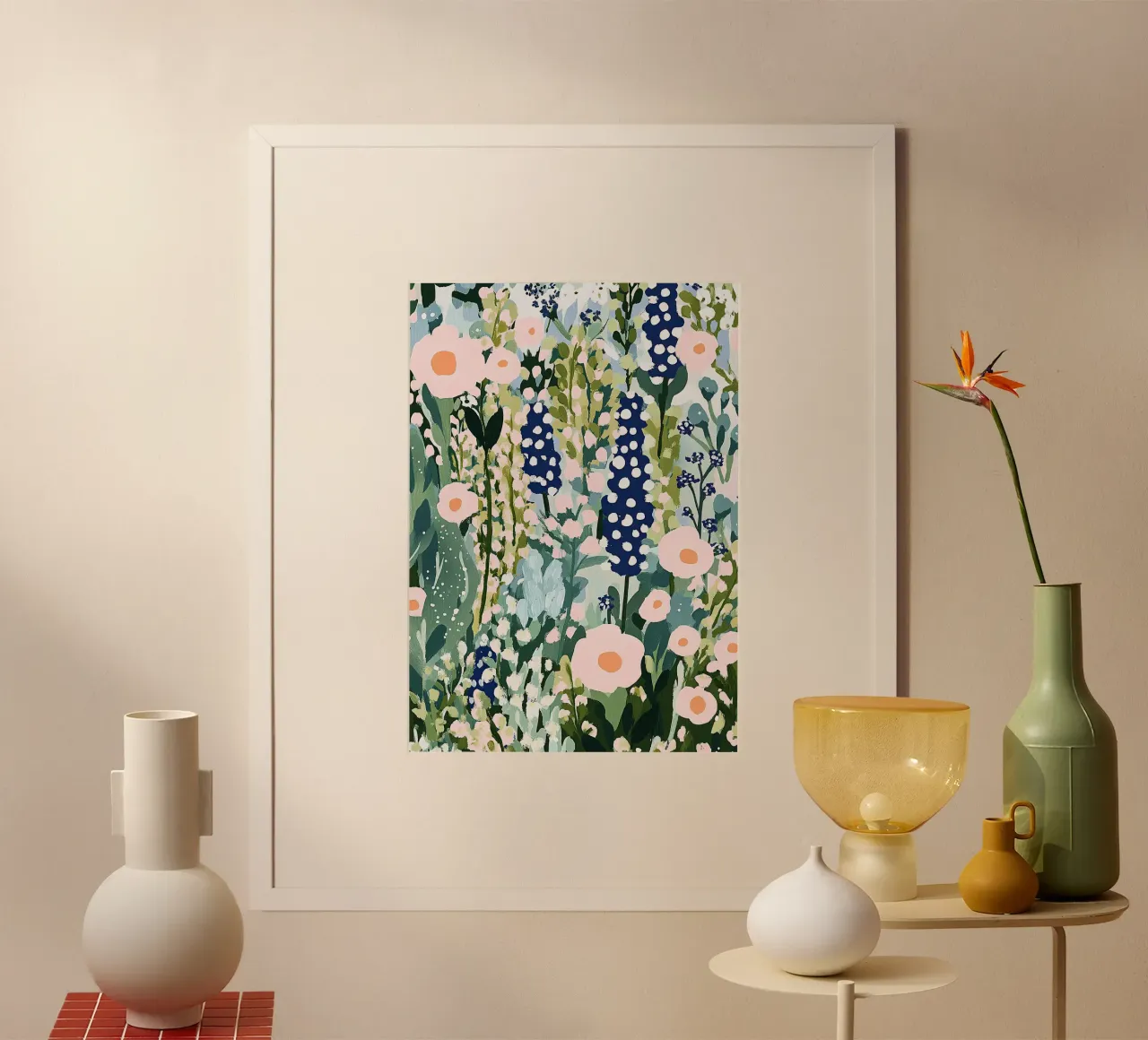Gouache illustrazione giardino Matisse ispirato fiore pastello poster con telaio in alluminio da Nikis Art Studio