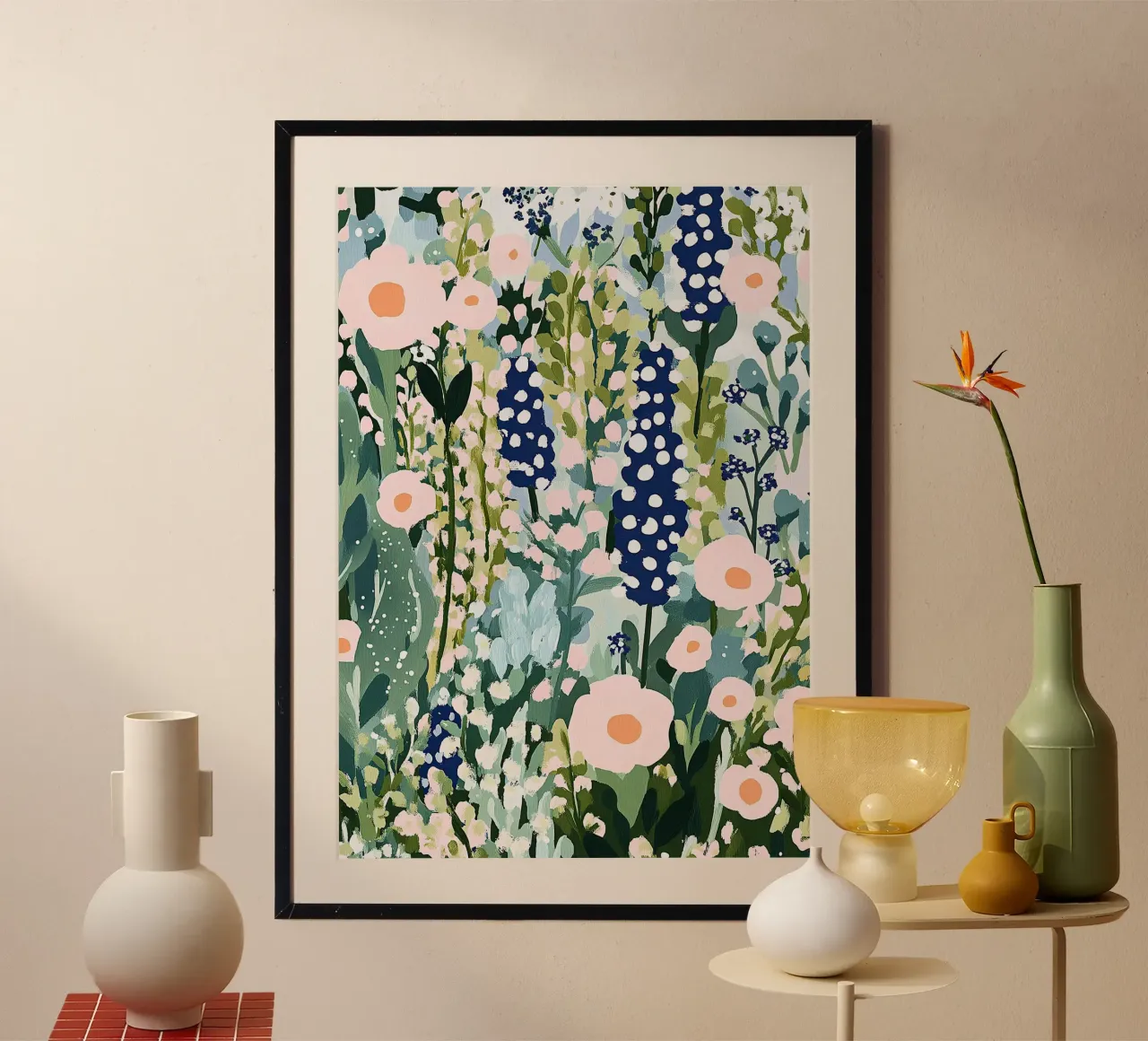 Gouache illustrazione giardino Matisse ispirato fiore pastello poster con telaio in alluminio da Nikis Art Studio