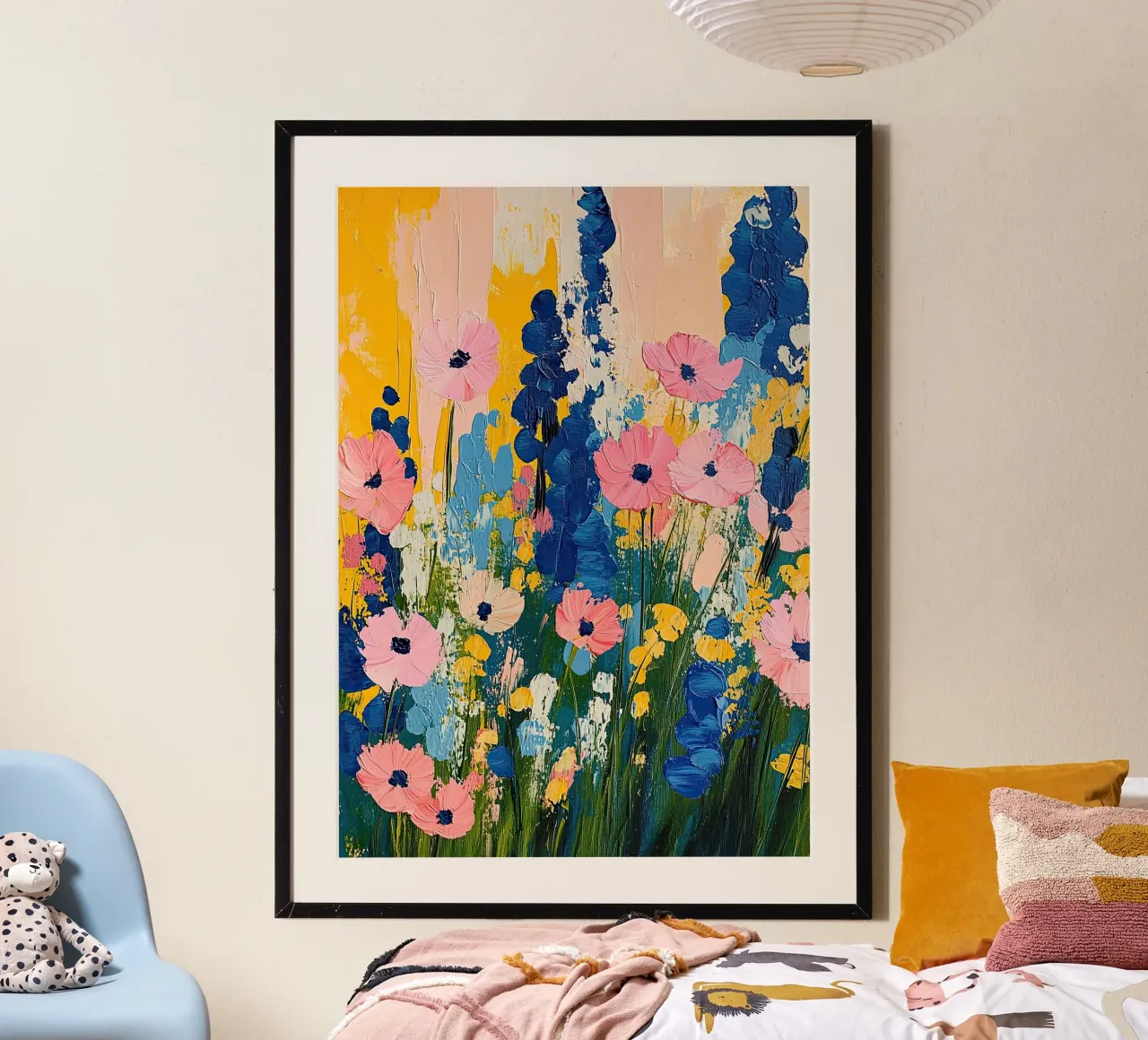 Fiori selvatici Fiori pittura rosa blu giallo poster con telaio in plastica da Nikis Art Studio