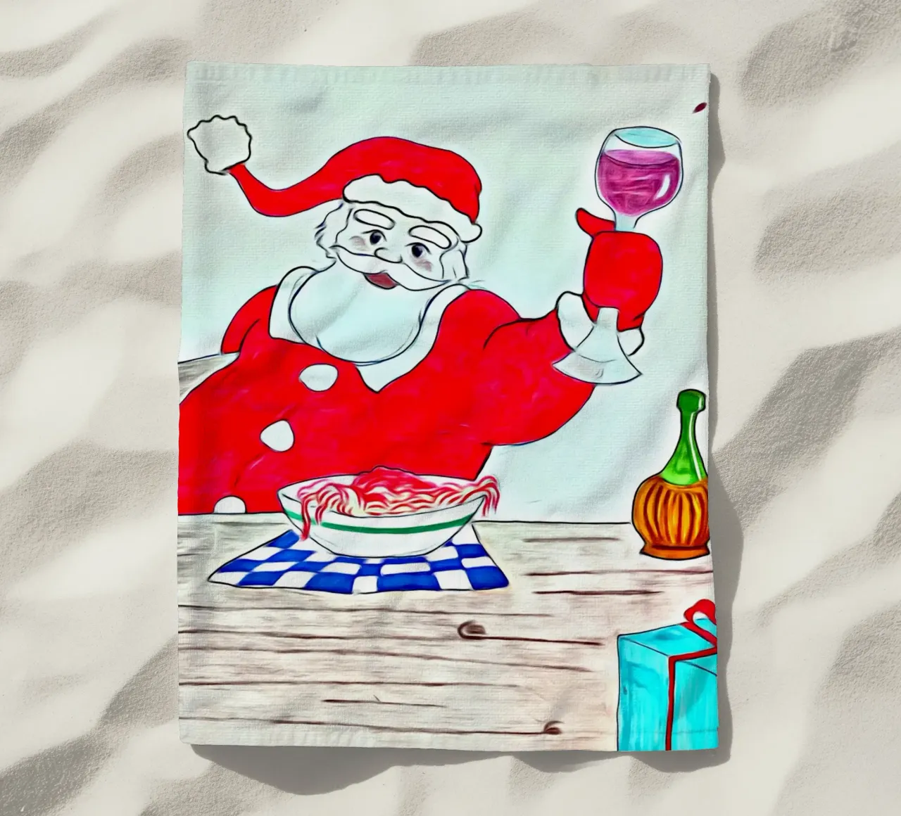 Santa Claus spaghetti beach towel by Massimo Frascogna