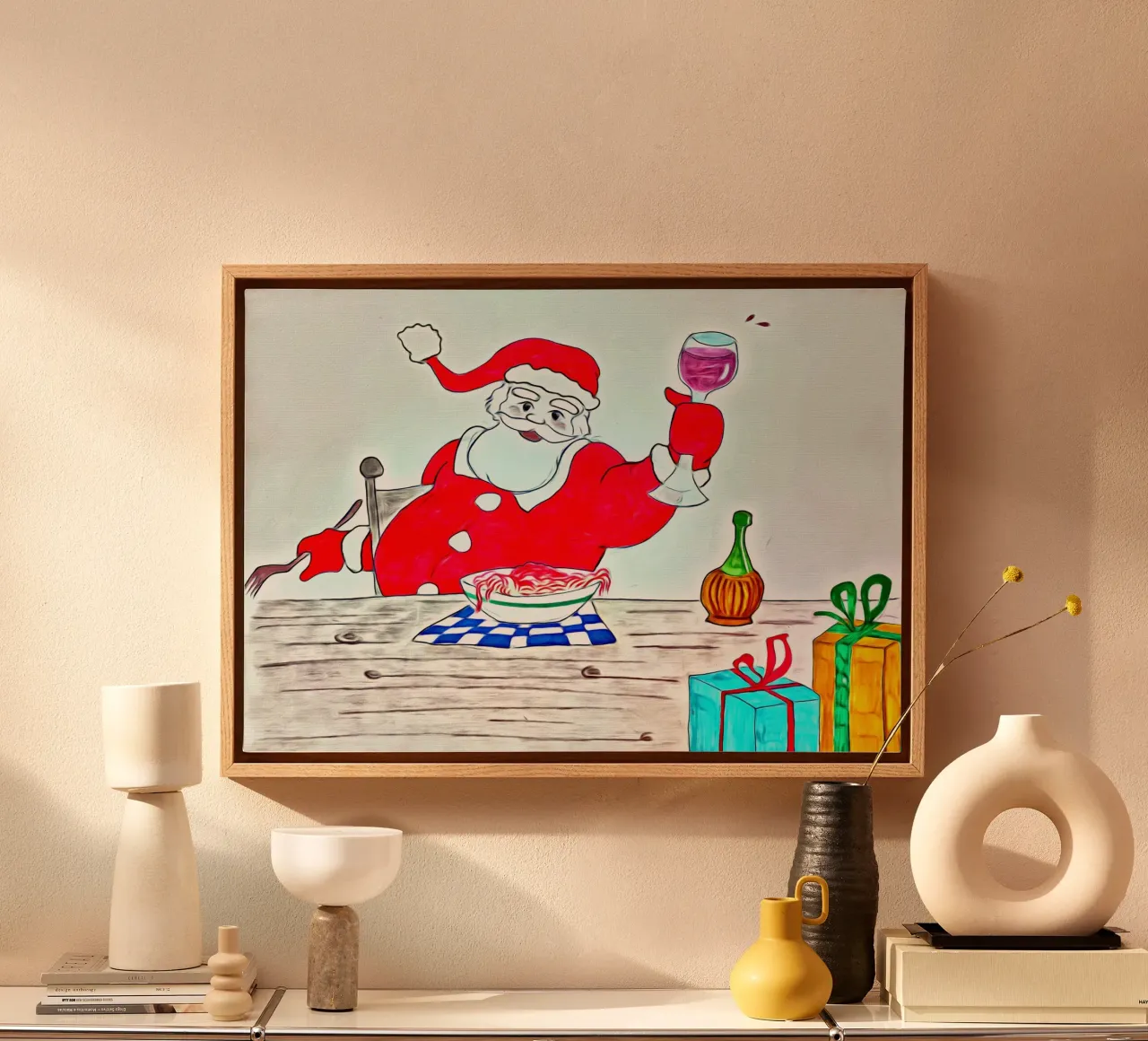 Kerstman spaghetti canvas met Baklijst van Massimo Frascogna