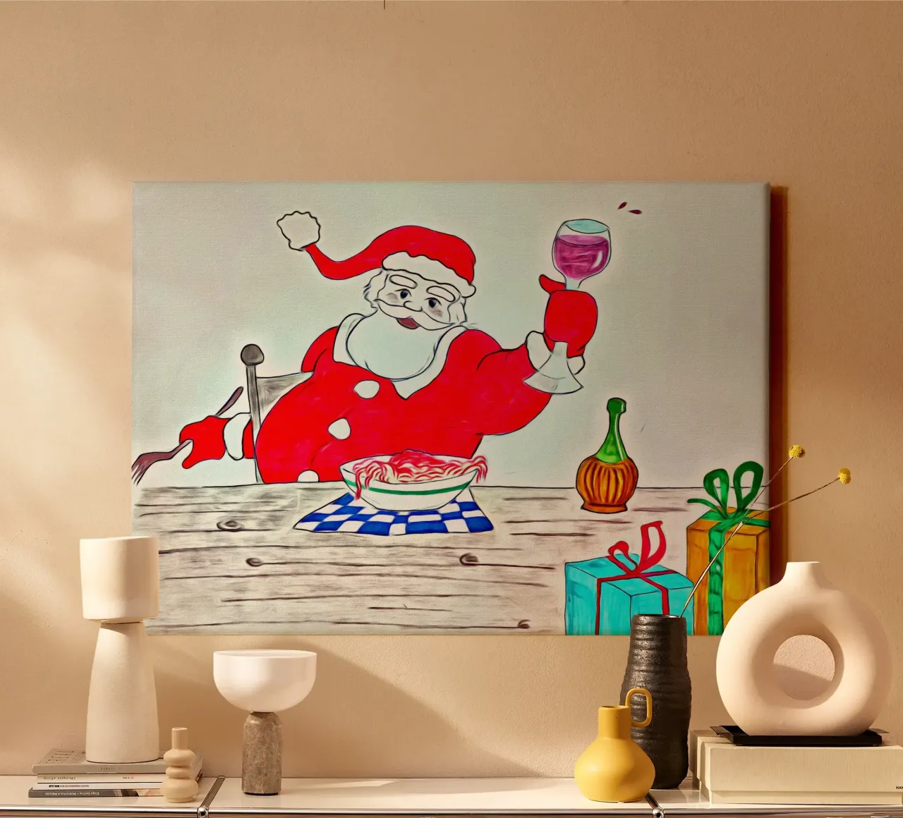 Kerstman spaghetti canvas met Baklijst van Massimo Frascogna