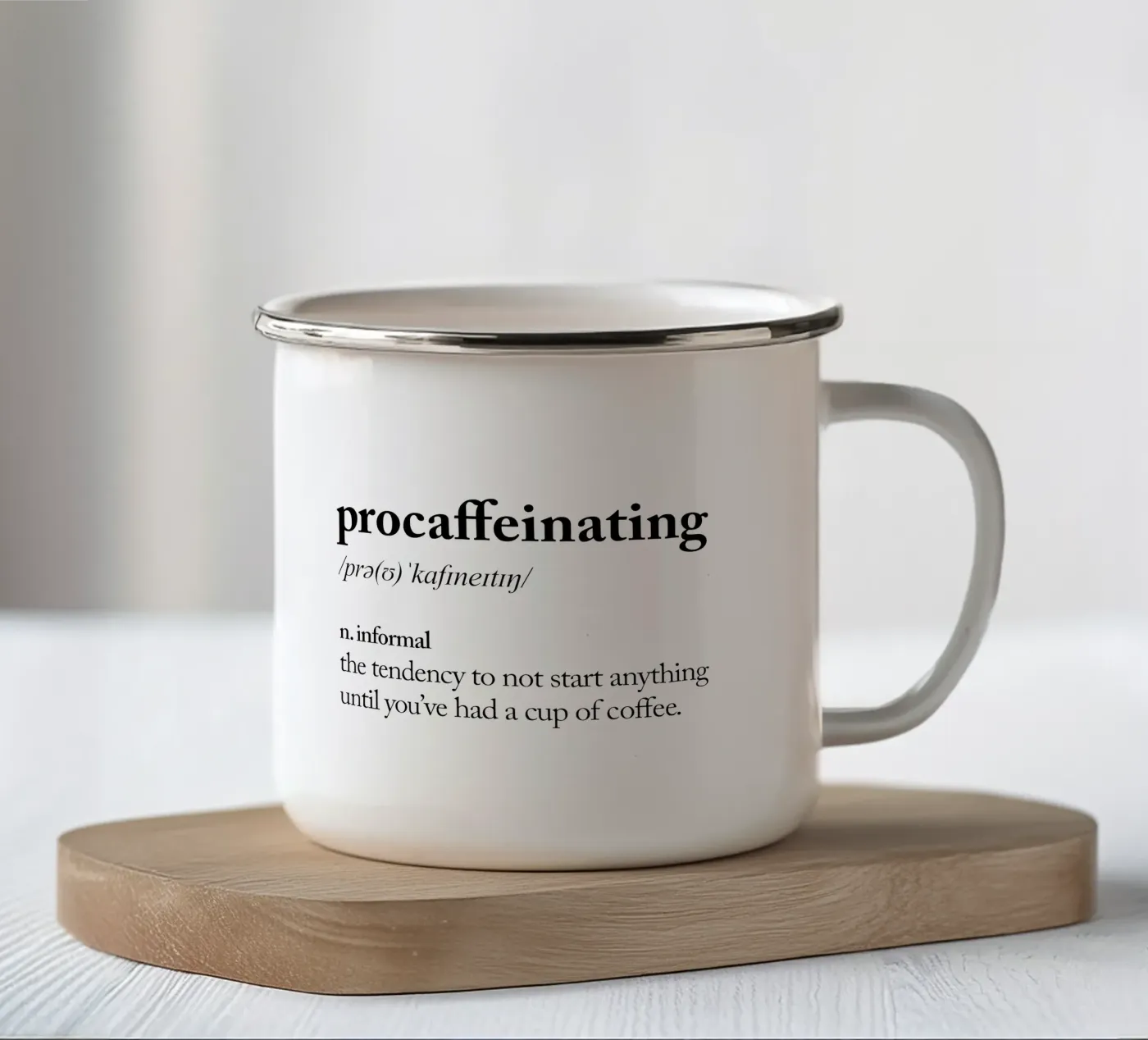 Procaffeinating enamel mug by THE MOTIVATED TYPE