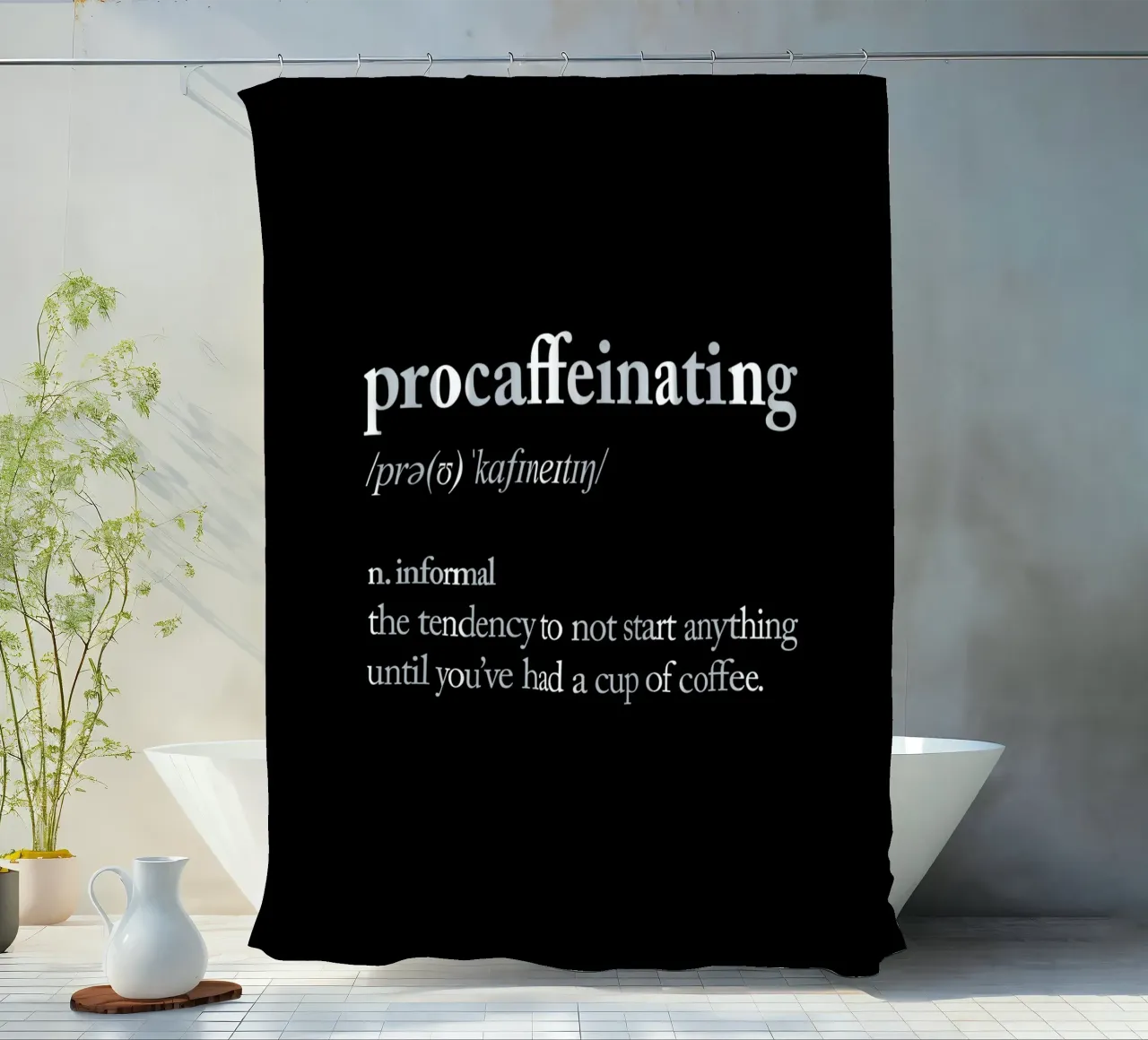 Procaffeinating shower curtain by THE MOTIVATED TYPE