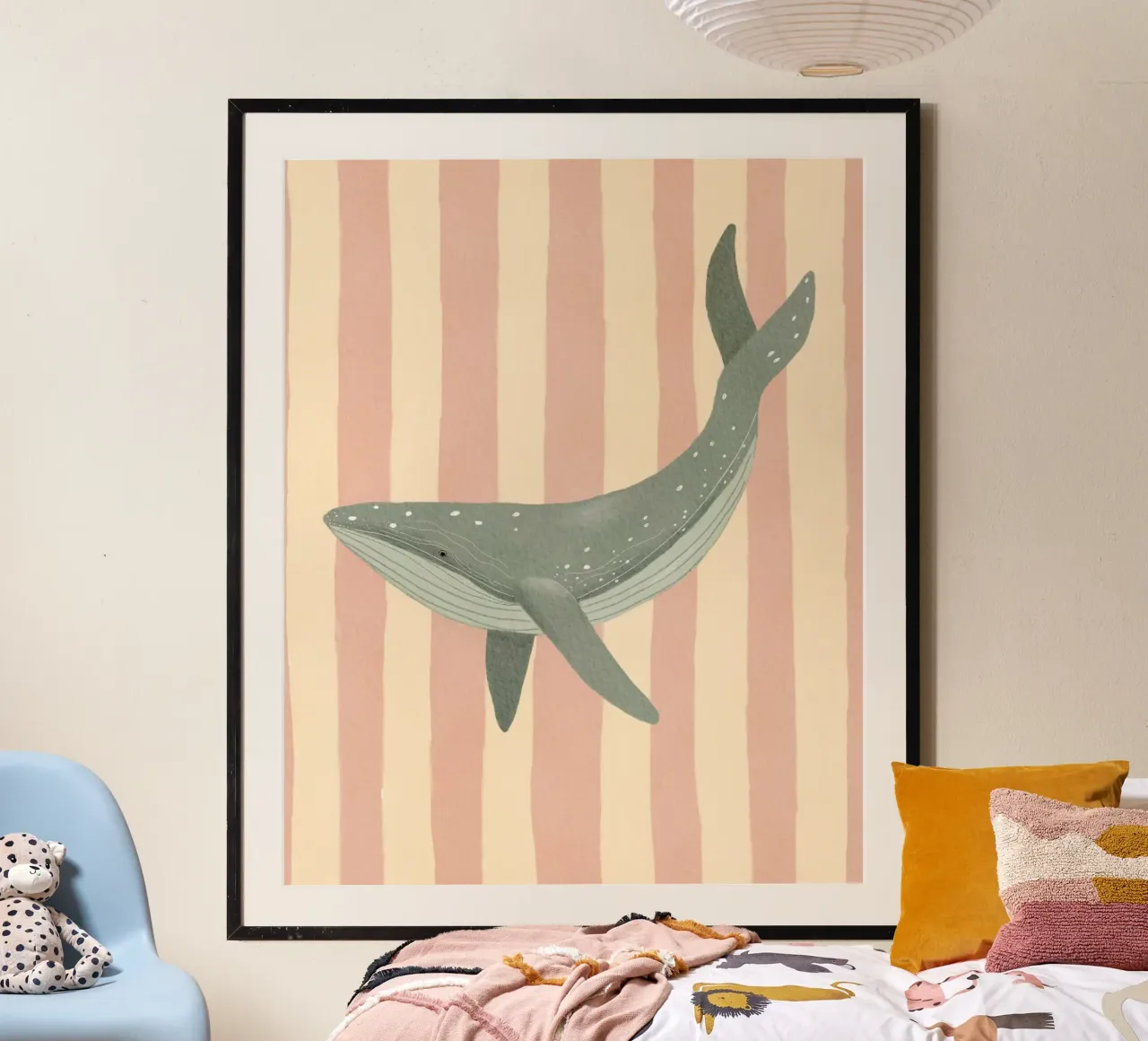 Whale Illustration For Children, Whale Art Print poster con telaio in legno da Urchin Bay Art