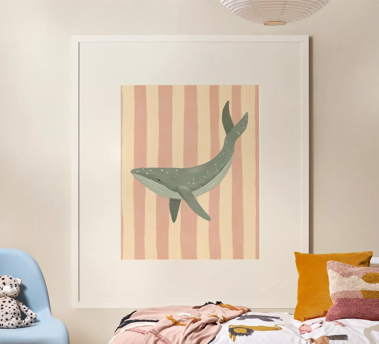 Whale Illustration For Children, Whale Art Print poster con telaio in legno da Urchin Bay Art