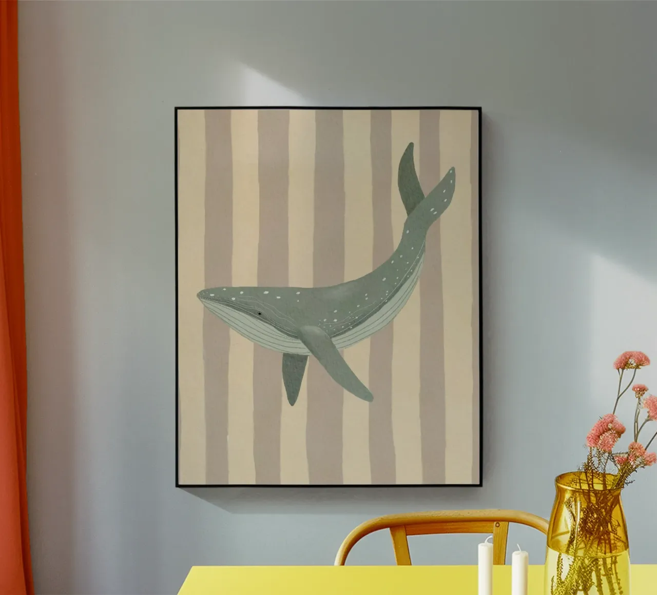 Whimsical Whale illustration and Stripes metacrilato de Urchin Bay Art