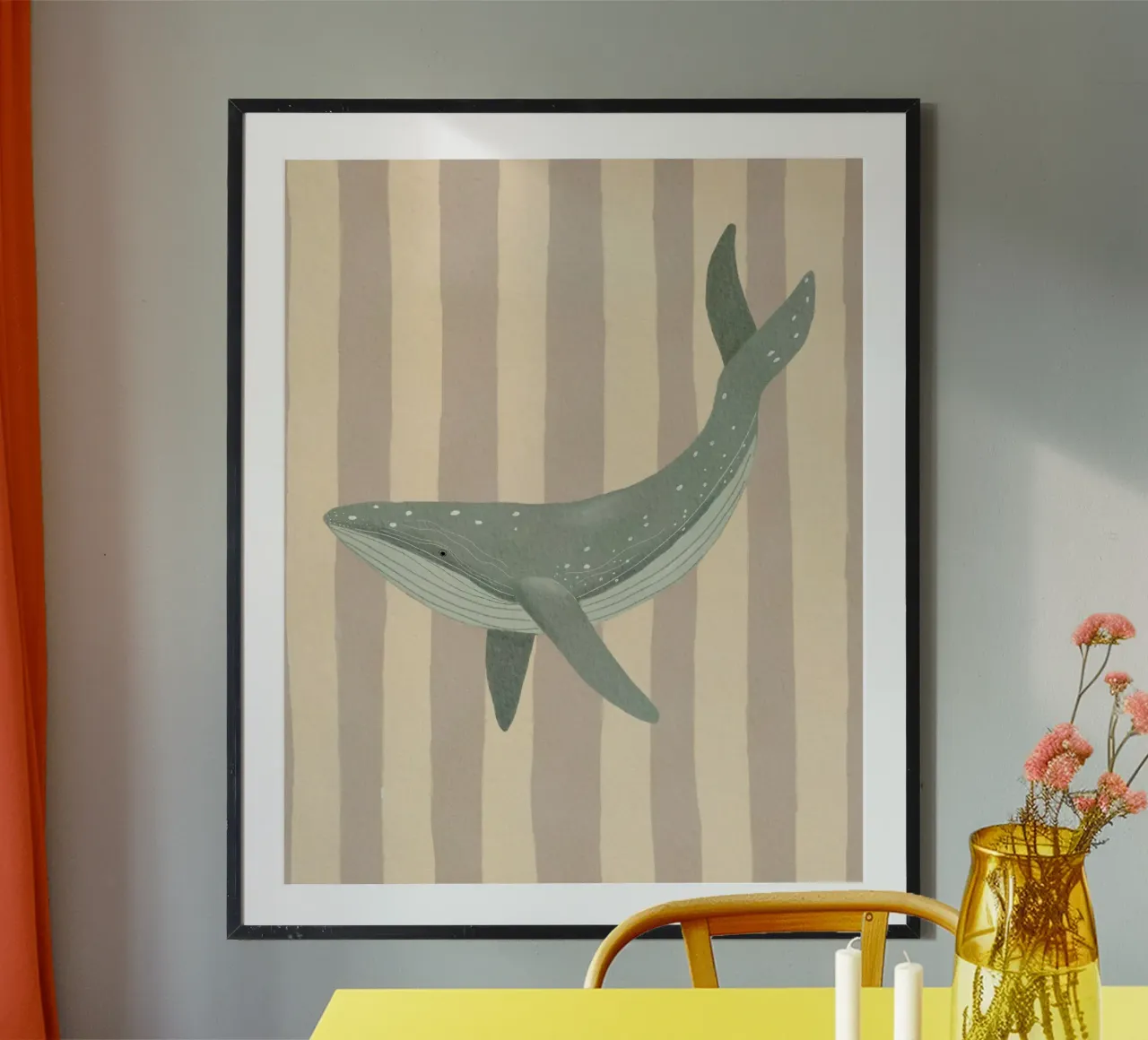 Whimsical Whale illustration and Stripes poster con telaio in alluminio da Urchin Bay Art
