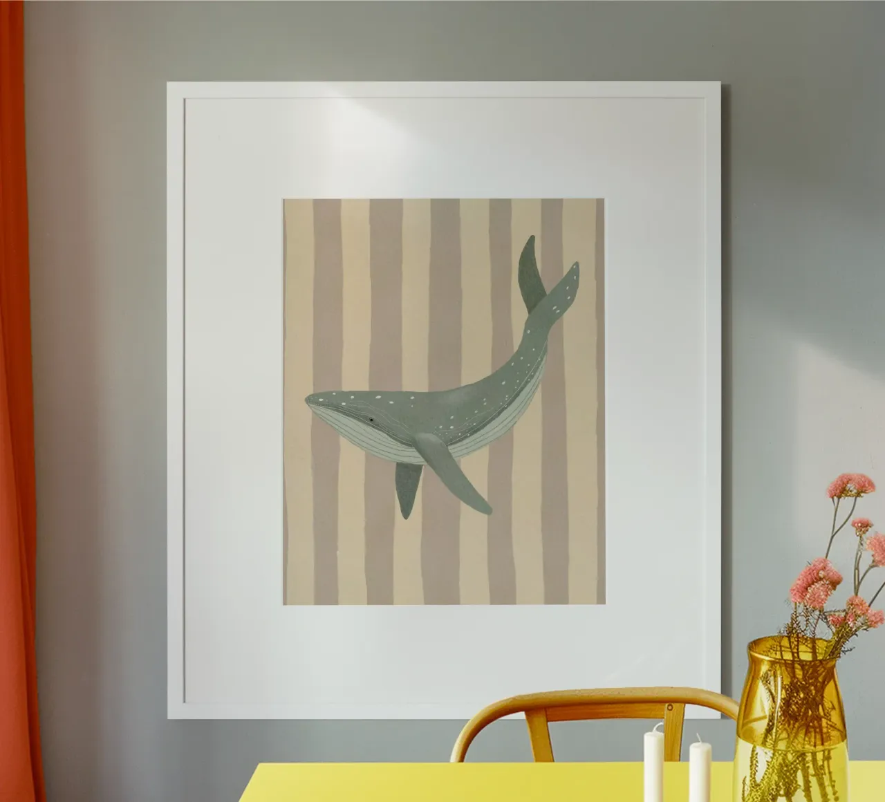 Whimsical Whale illustration and Stripes poster con telaio in alluminio da Urchin Bay Art