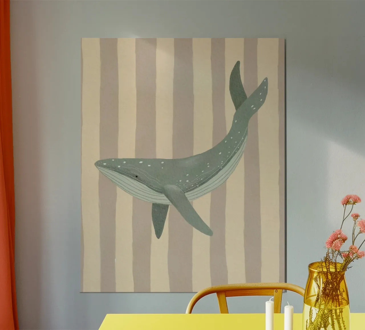Whimsical Whale illustration and Stripes poster con telaio in alluminio da Urchin Bay Art