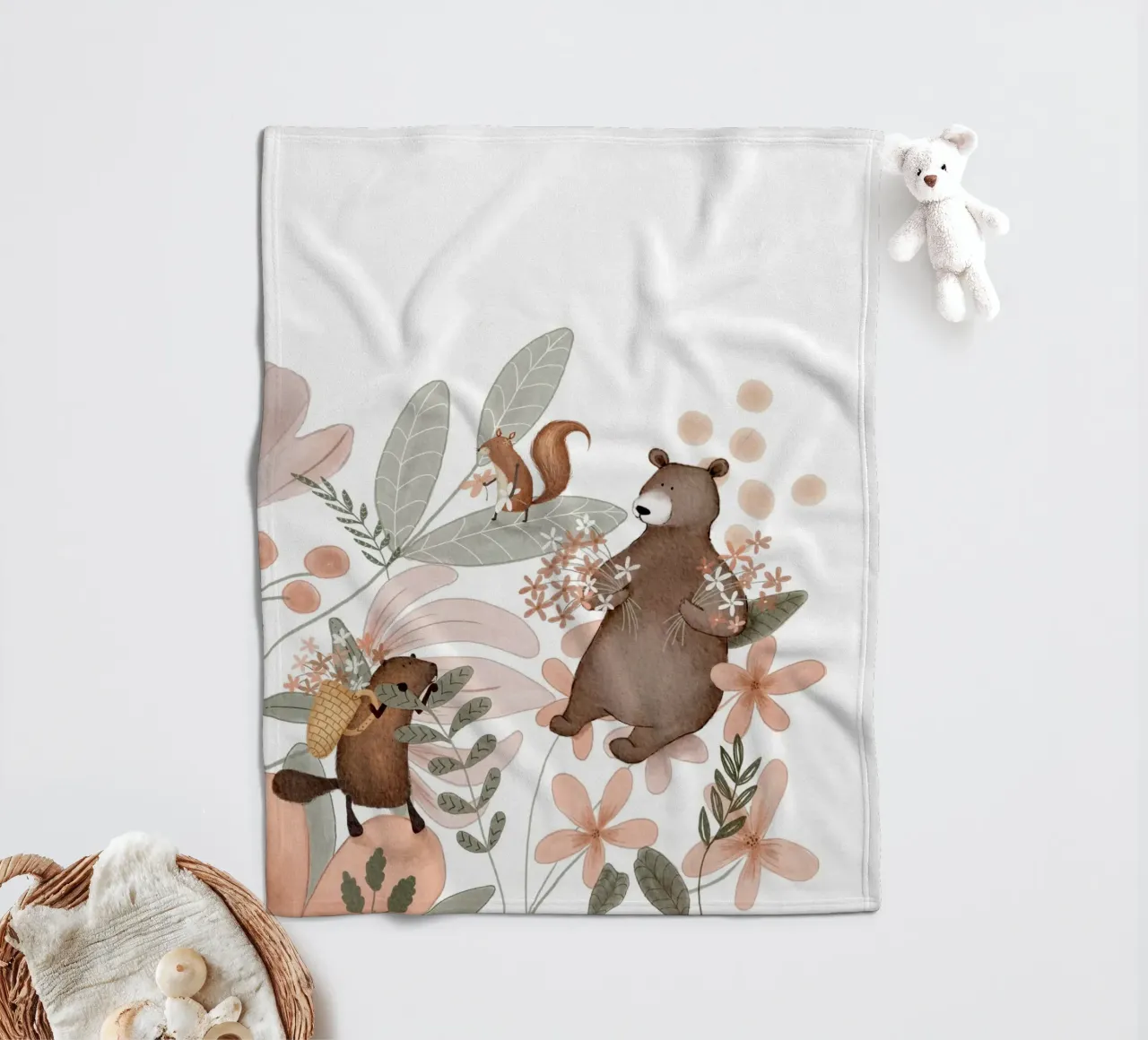 Whimsical Woodland Wall Art For Kids With Bear and Beaver fleece blanket by Urchin Bay Art
