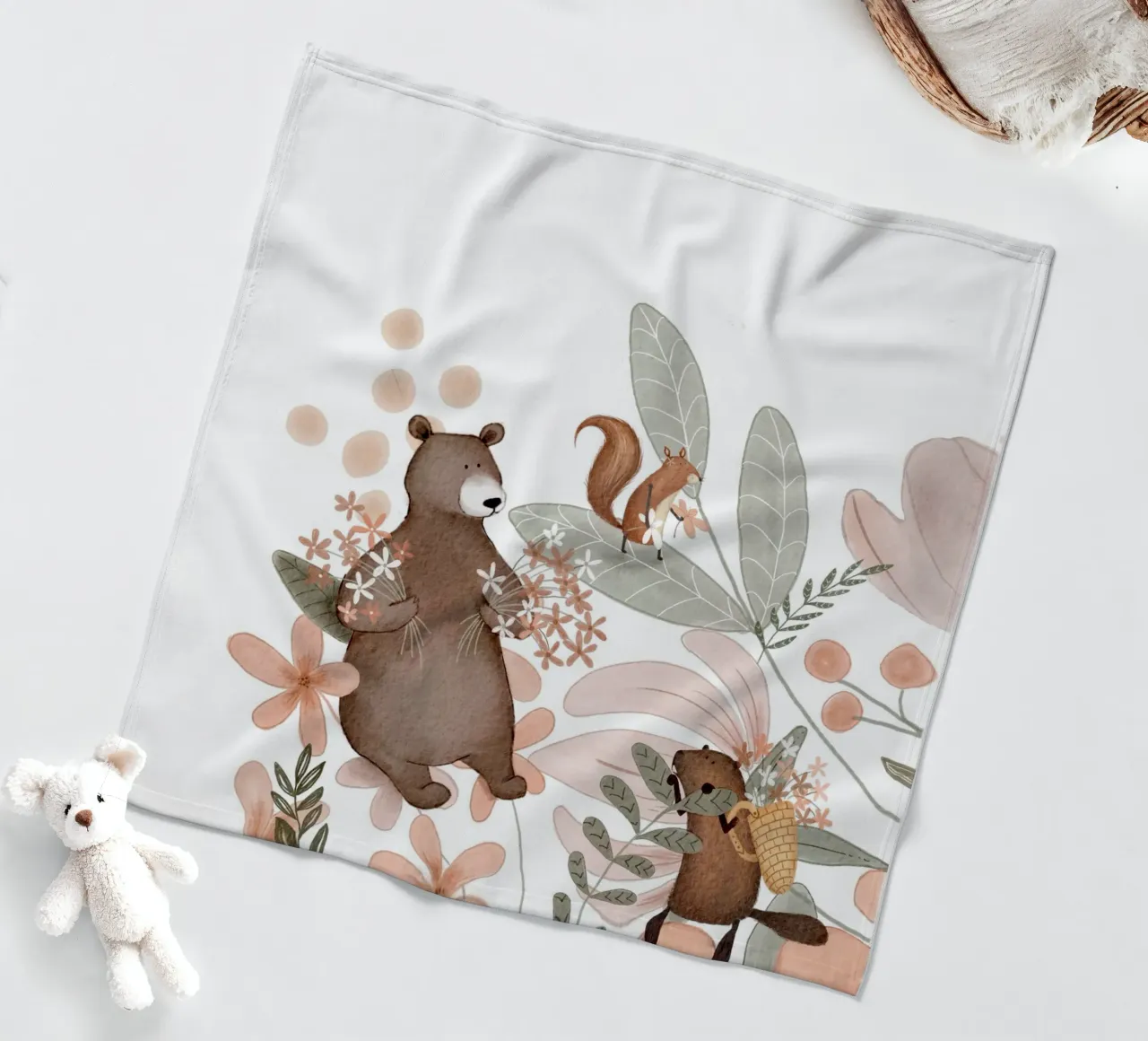 Whimsical Woodland Wall Art For Kids With Bear and Beaver fleece blanket by Urchin Bay Art