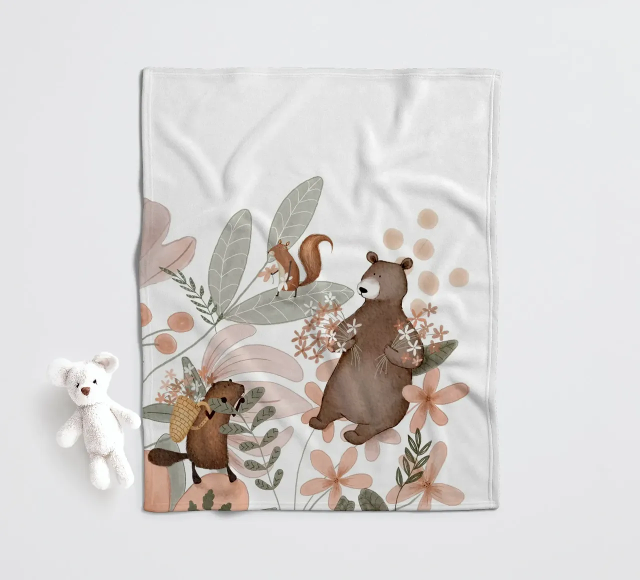 Whimsical Woodland Wall Art For Kids With Bear and Beaver fleece blanket by Urchin Bay Art