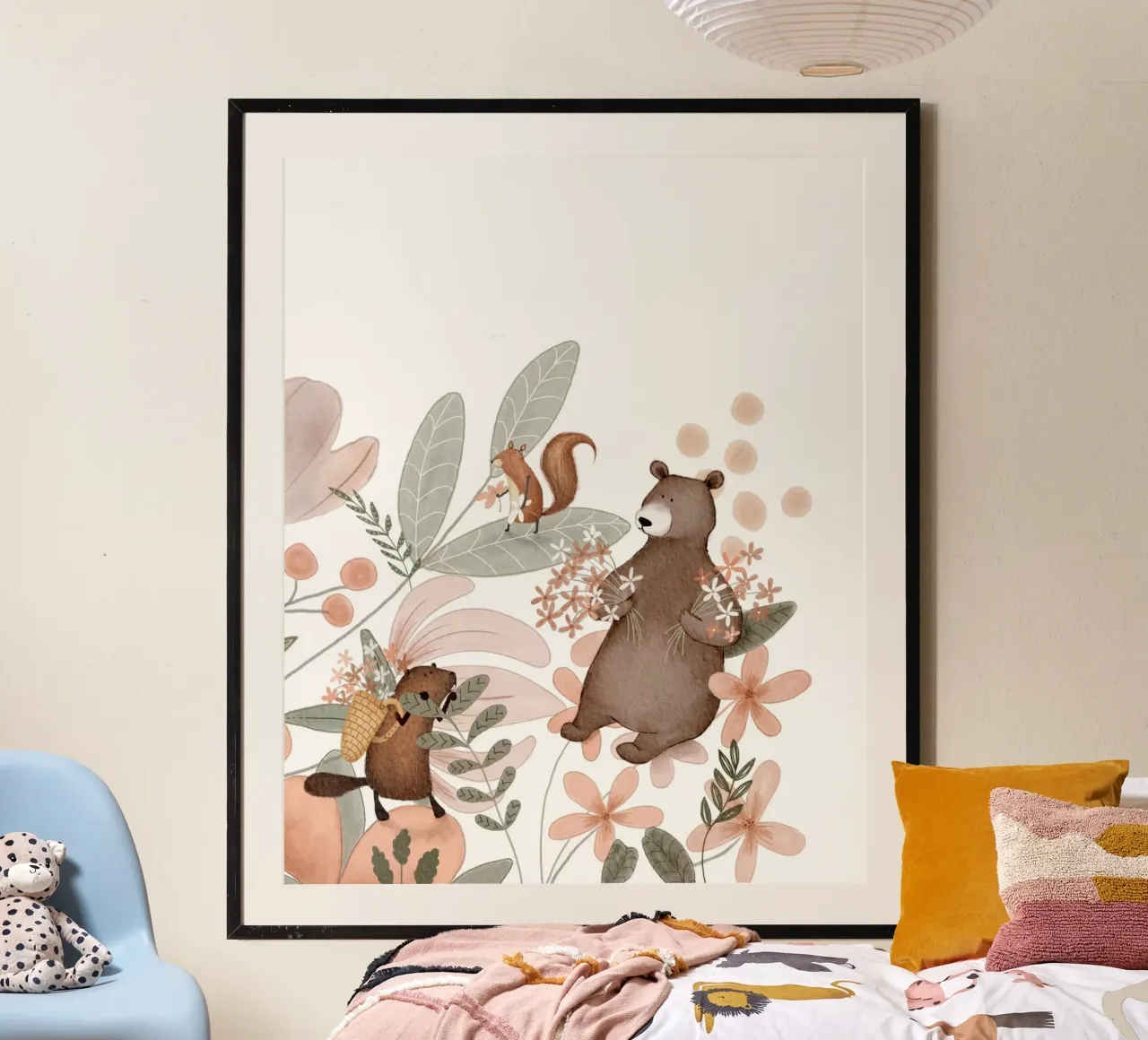 Stravagante arte murale del bosco per bambini con orso e castoro poster da Urchin Bay Art