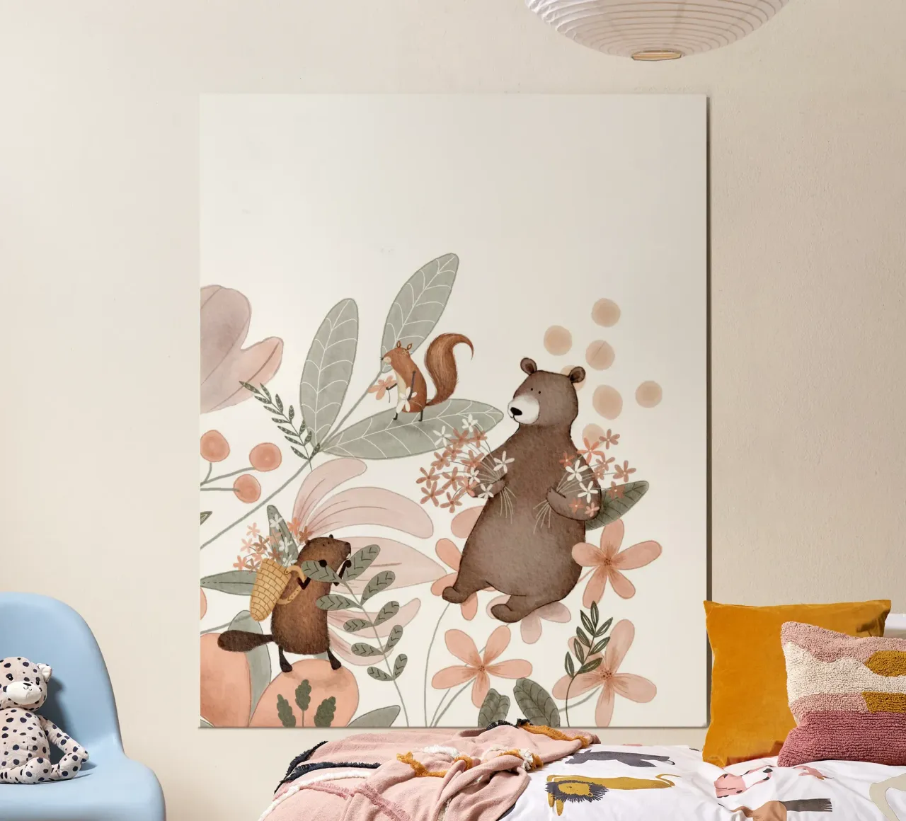 Stravagante arte murale del bosco per bambini con orso e castoro poster da Urchin Bay Art
