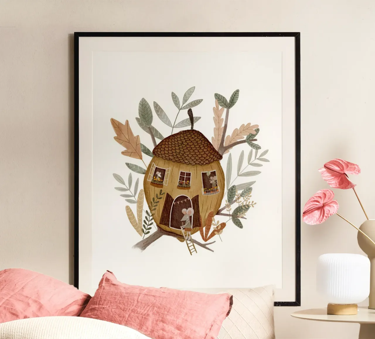 Casa della ghianda con topi poster con telaio in legno da Urchin Bay Art