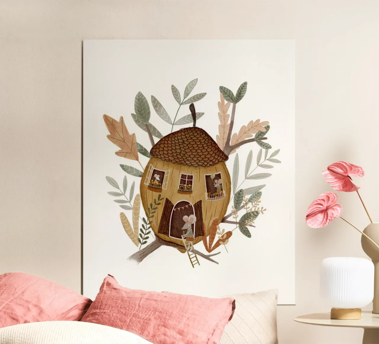 Casa della ghianda con topi poster con telaio in legno da Urchin Bay Art