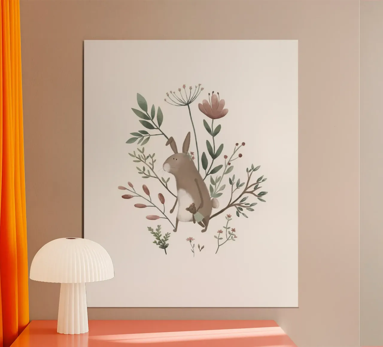 Coniglietto carino e fiori di campo Arte per bambini poster con telaio in alluminio da Urchin Bay Art