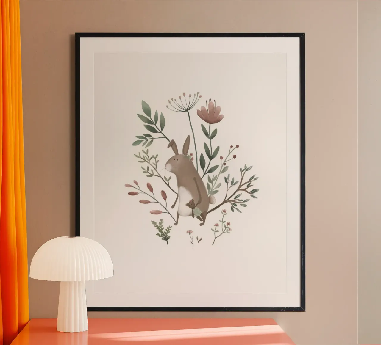 Coniglietto carino e fiori di campo Arte per bambini poster con telaio in alluminio da Urchin Bay Art