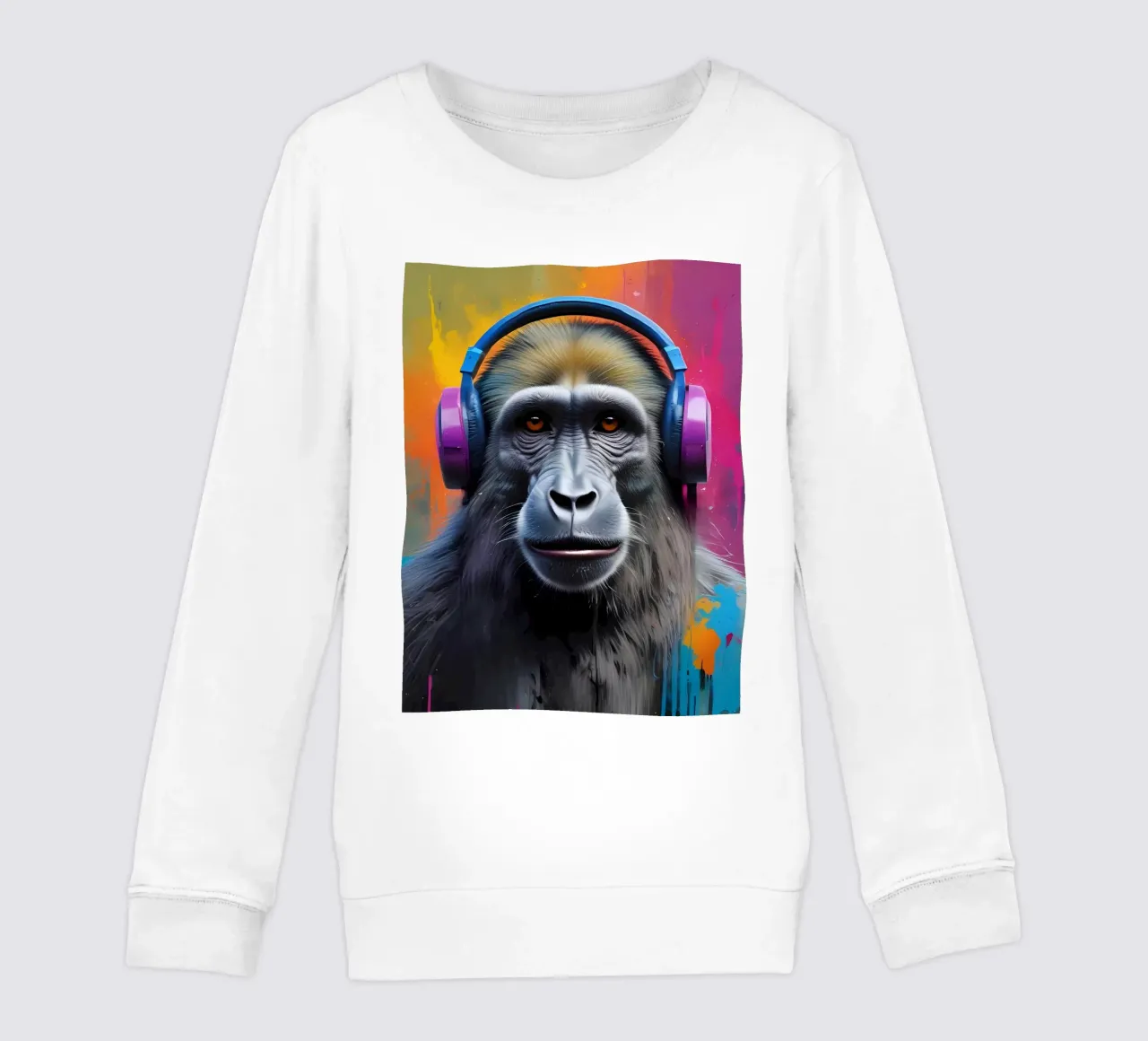 Baboon in headphones kids sweatshirt by MakArena