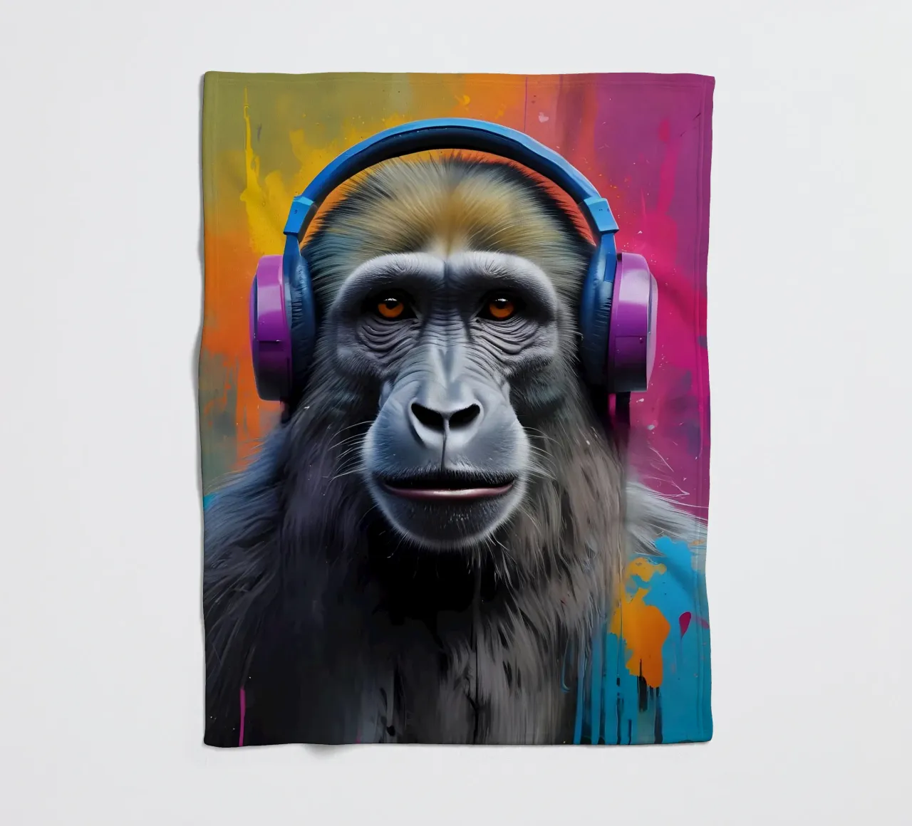 Baboon in headphones fleece blanket by MakArena