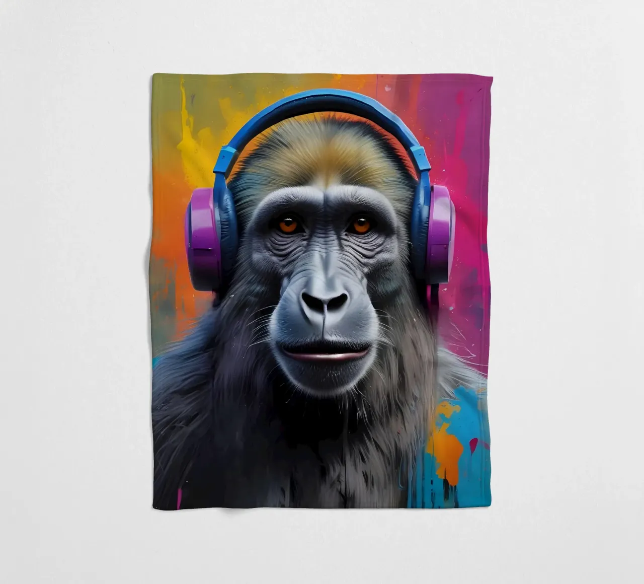 Baboon in headphones fleece blanket by MakArena