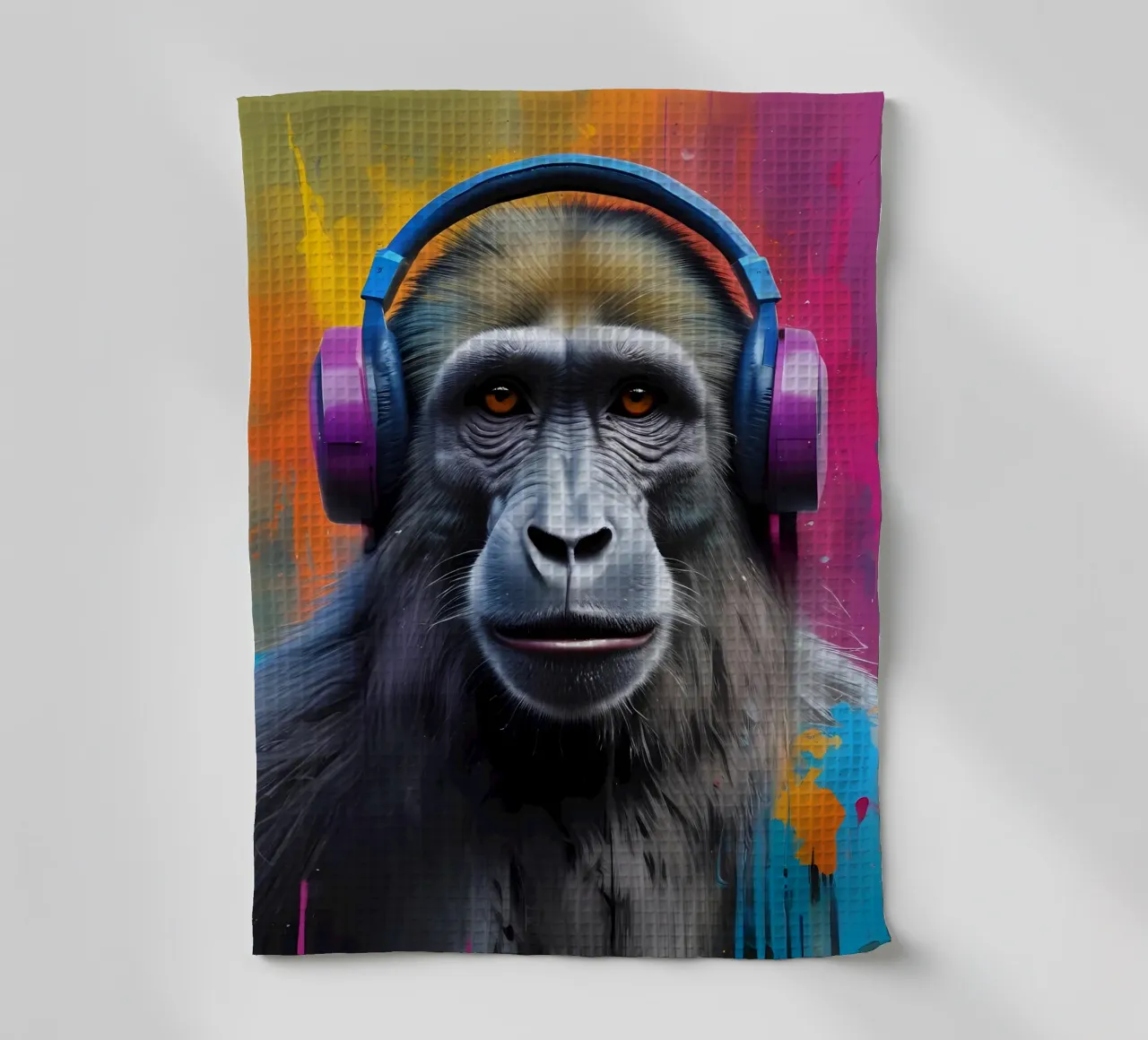 Baboon in headphones tea towel by MakArena