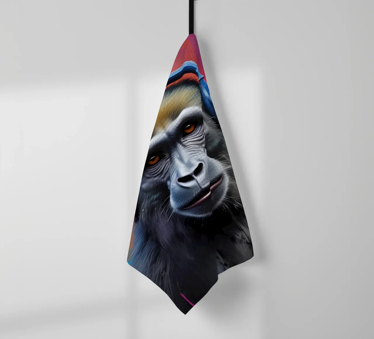 Baboon in headphones tea towel by MakArena