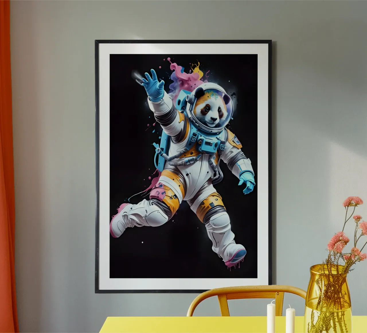 Panda cosmonaut neon art poster con telaio in legno da MakArena