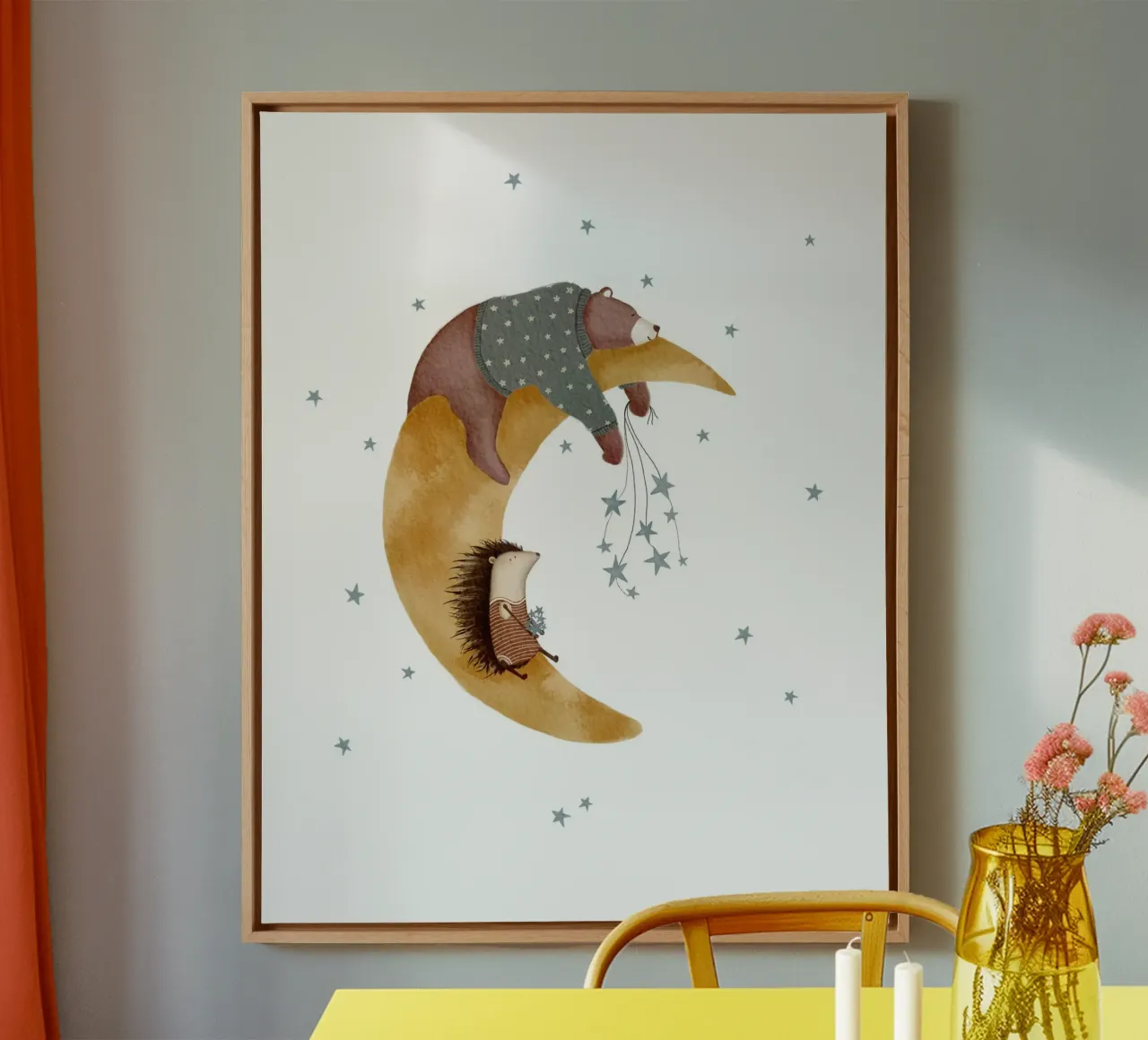 Whimsical Moon Art With Bear & Hedgehog canvas with Floater frame by Urchin Bay Art