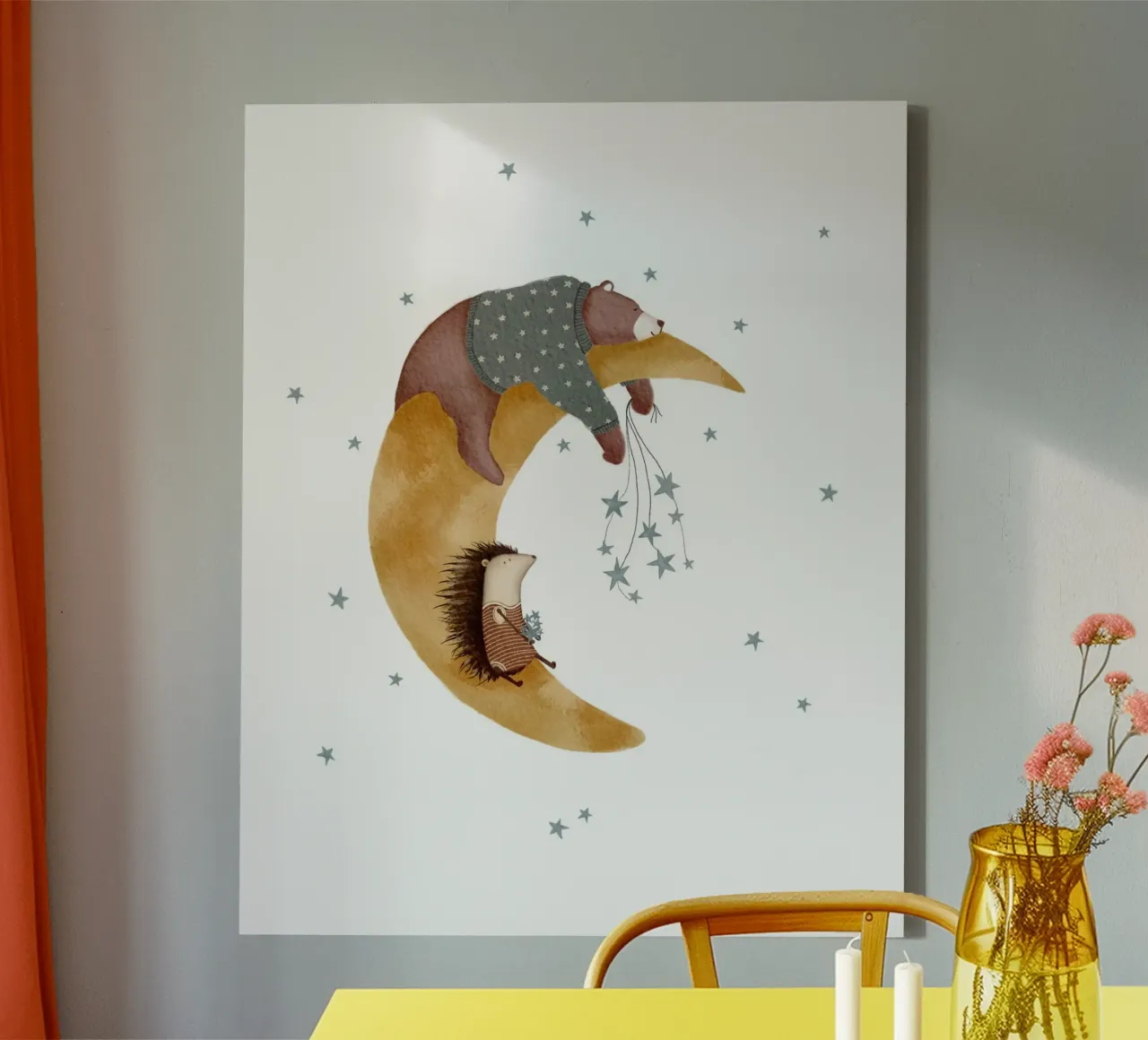 Whimsical Moon Art With Bear & Hedgehog canvas with Floater frame by Urchin Bay Art