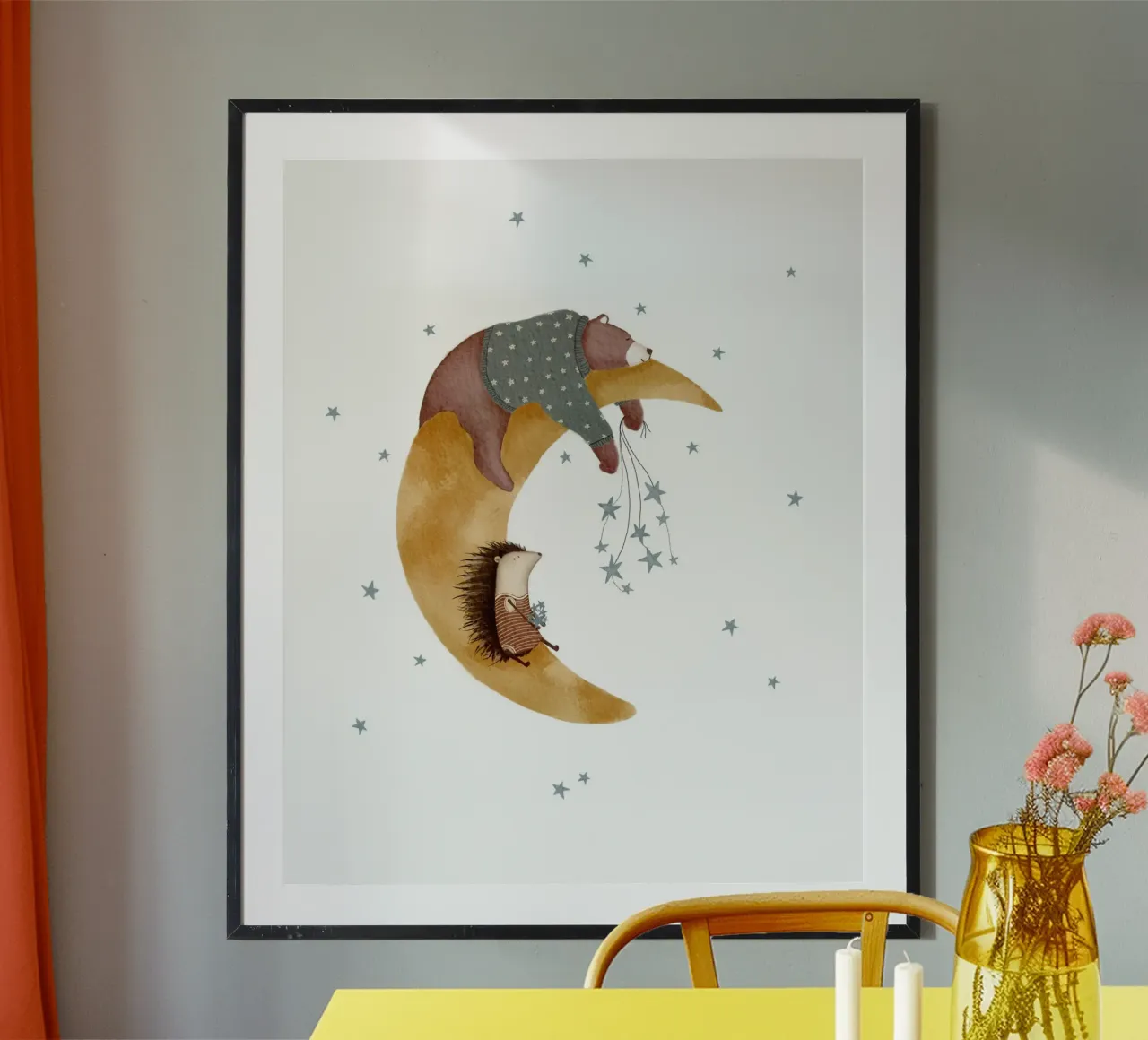 Whimsical Moon Art With Bear & Hedgehog poster by Urchin Bay Art