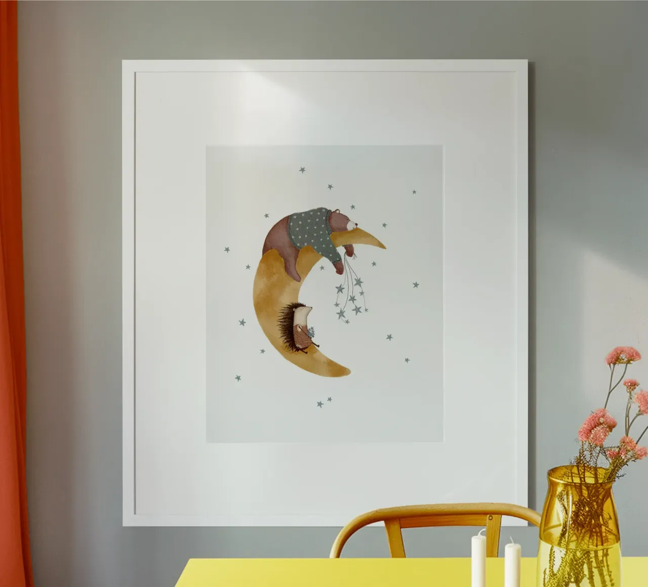 Whimsical Moon Art With Bear & Hedgehog poster by Urchin Bay Art