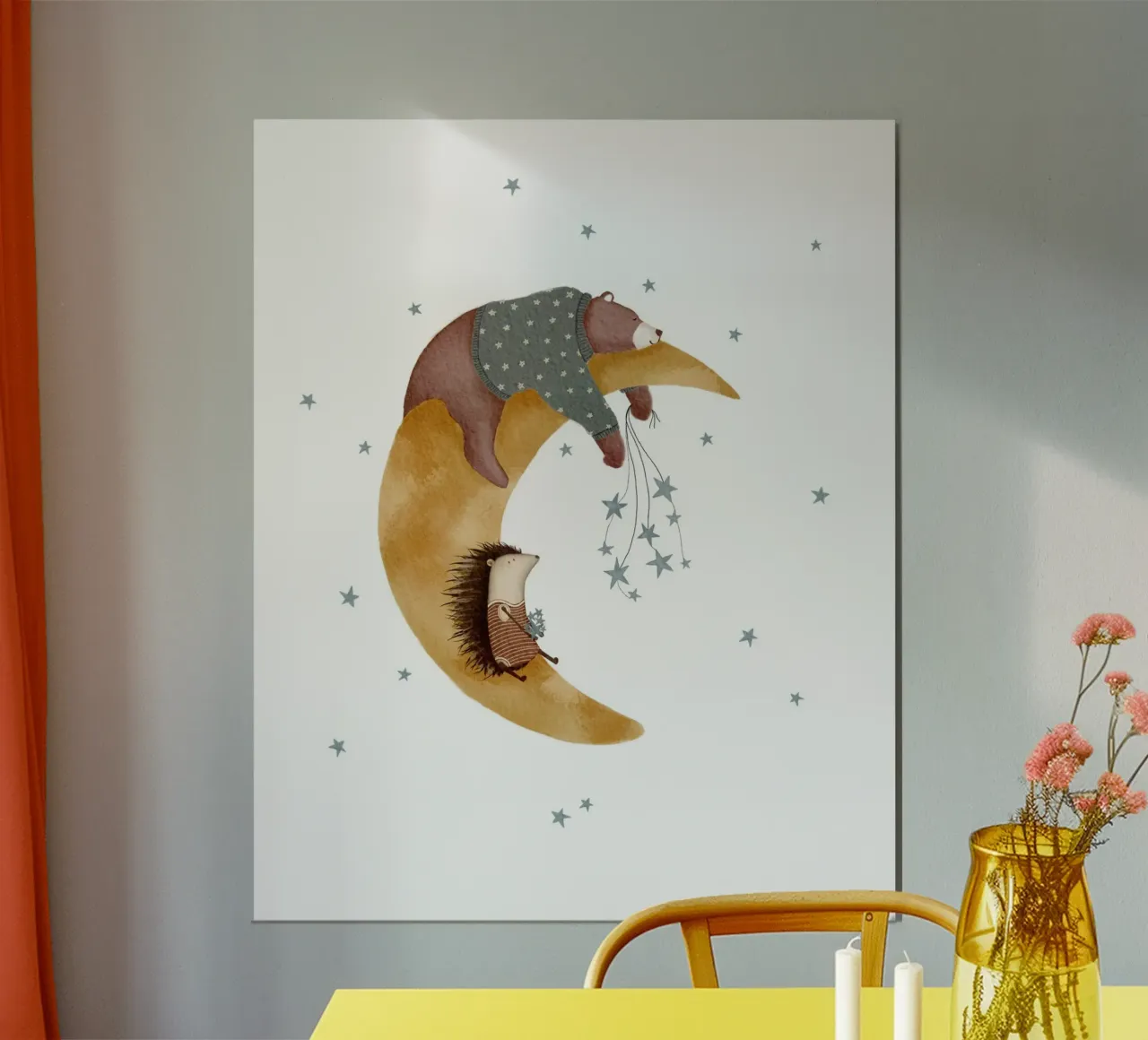 Whimsical Moon Art With Bear & Hedgehog poster by Urchin Bay Art