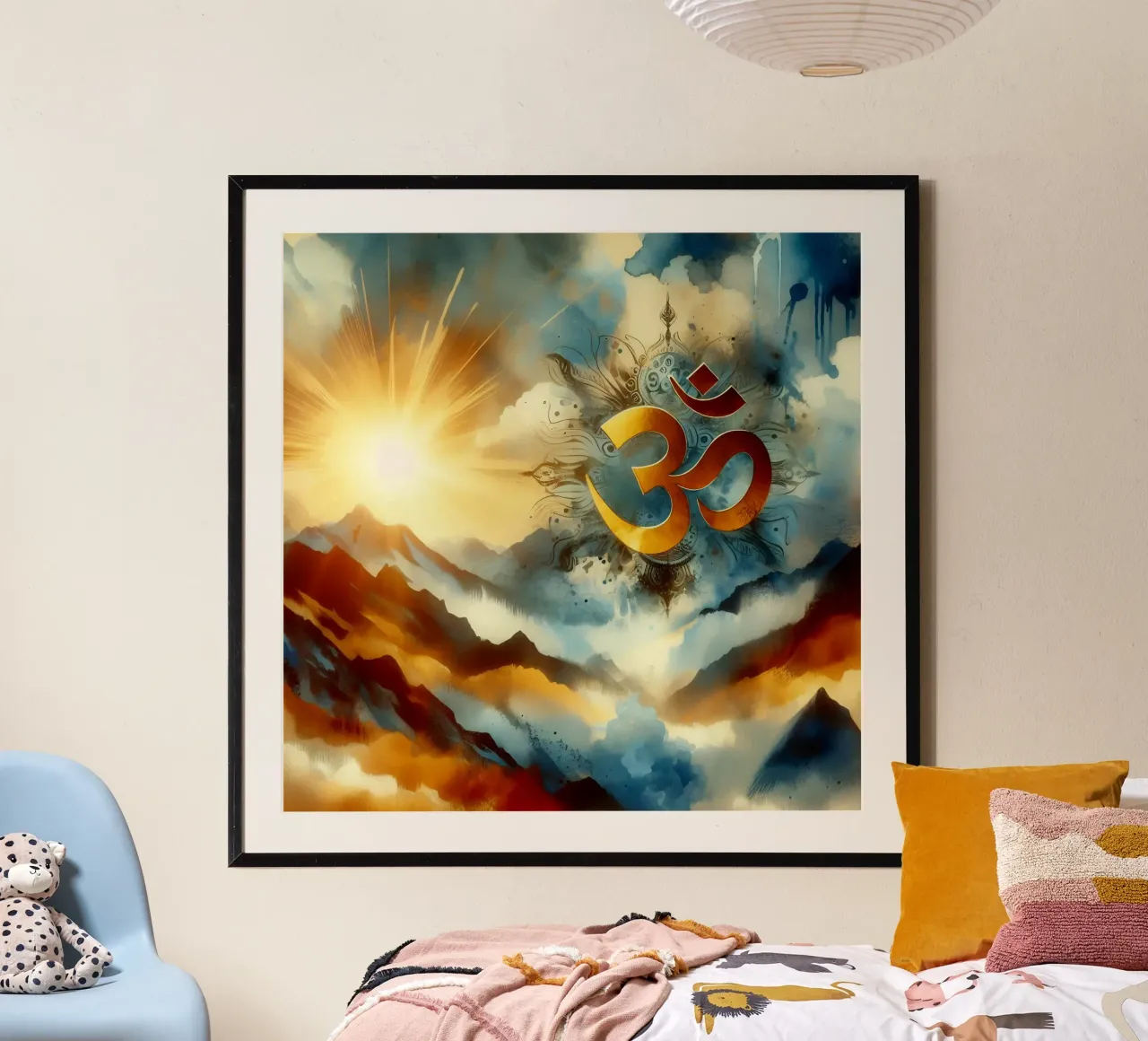 Om & Natuur - Berg - Aquarel stijl poster met houten frame van spiritual