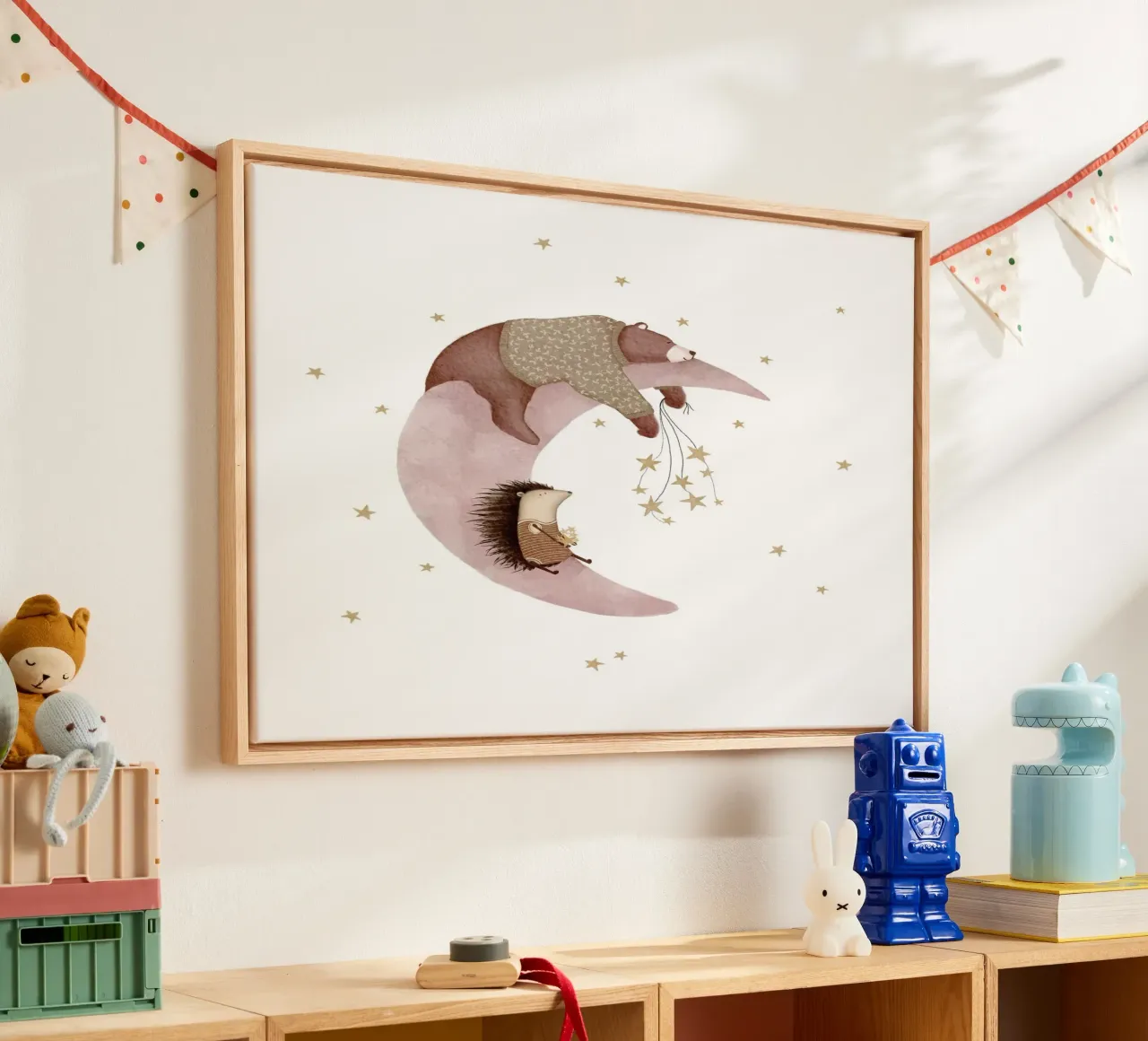 Arte della luna e delle stelle rosa per bambini tela con Cornice a cassetta da Urchin Bay Art