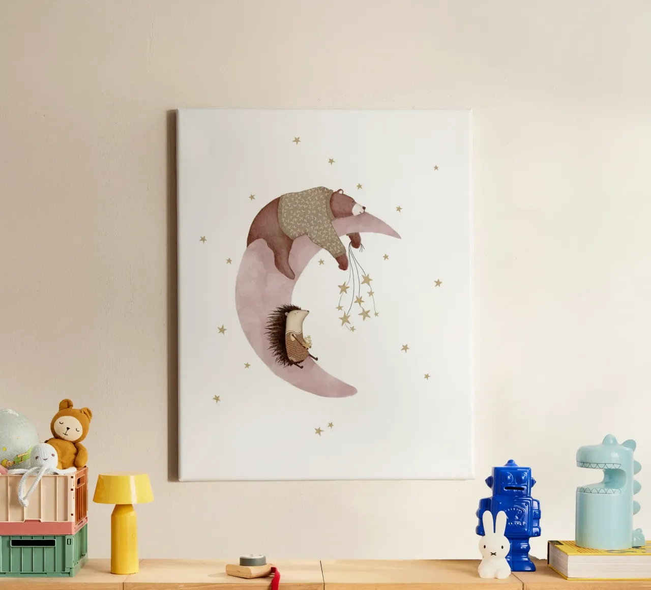 Arte della luna e delle stelle rosa per bambini tela con Cornice a cassetta da Urchin Bay Art