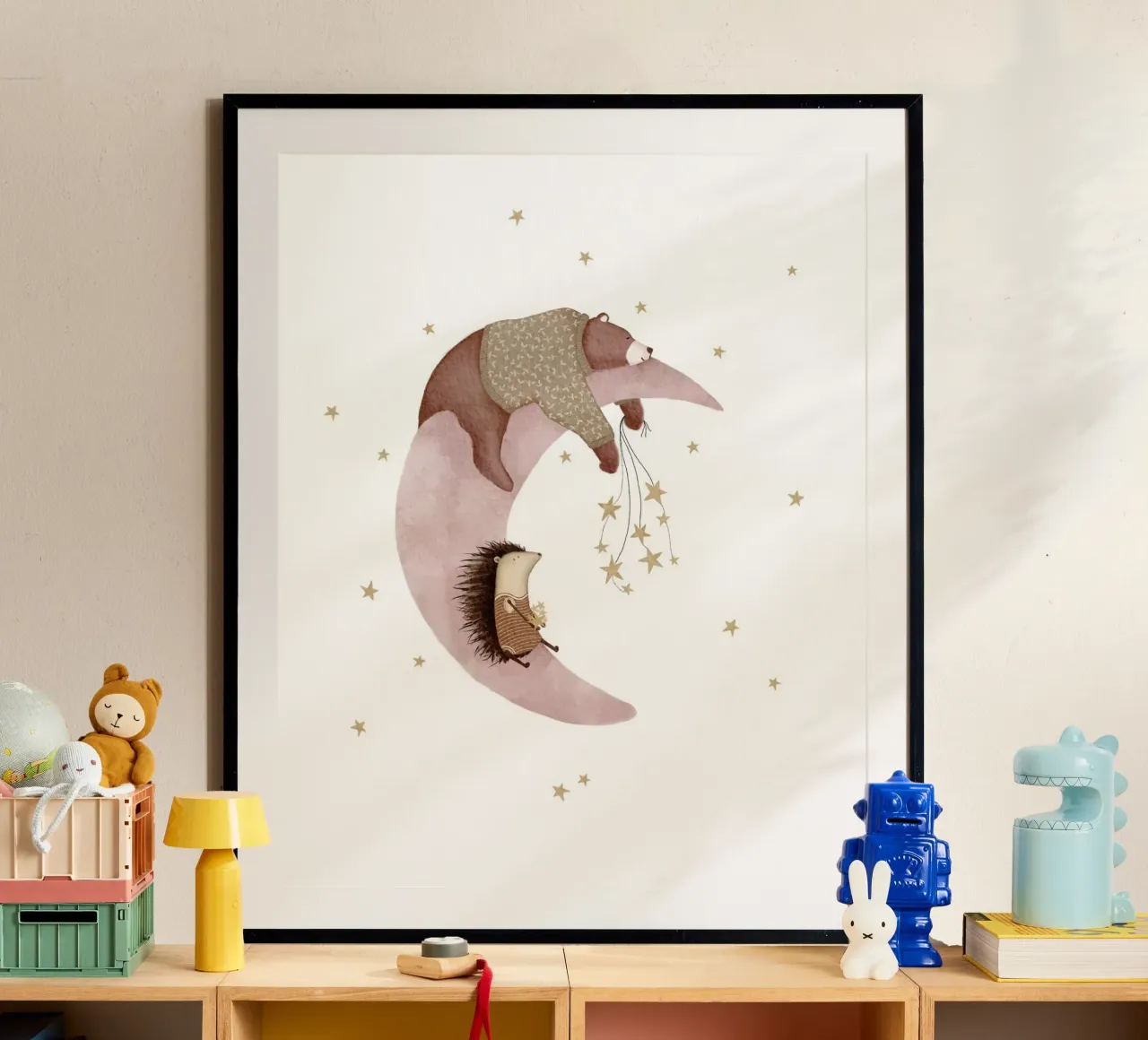 Arte della luna e delle stelle rosa per bambini poster con telaio in plastica da Urchin Bay Art