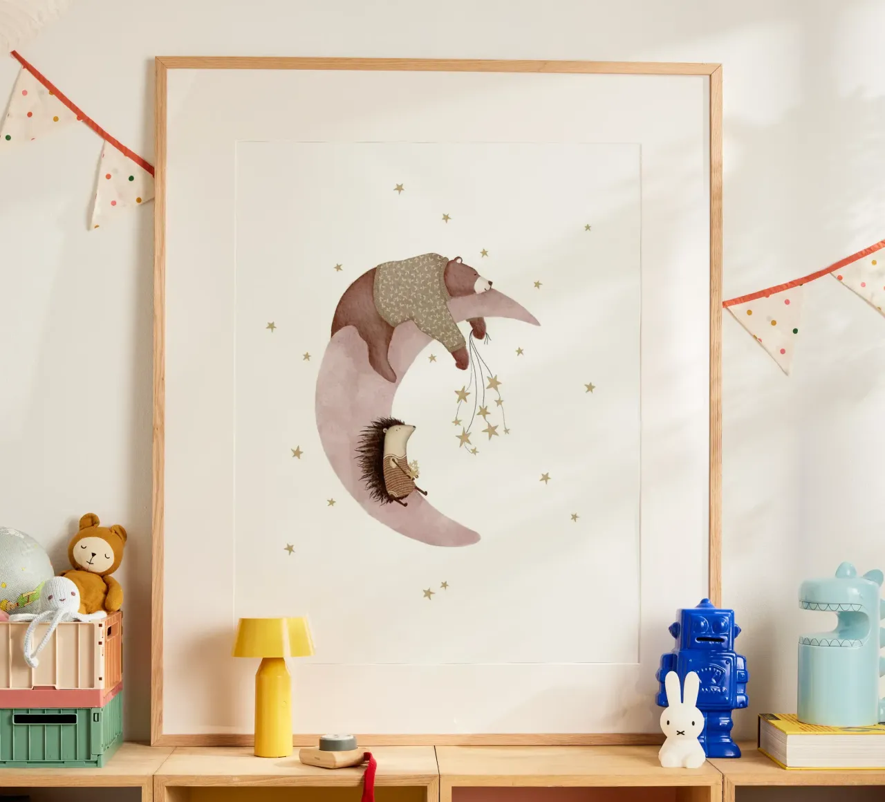 Arte della luna e delle stelle rosa per bambini poster con telaio in plastica da Urchin Bay Art