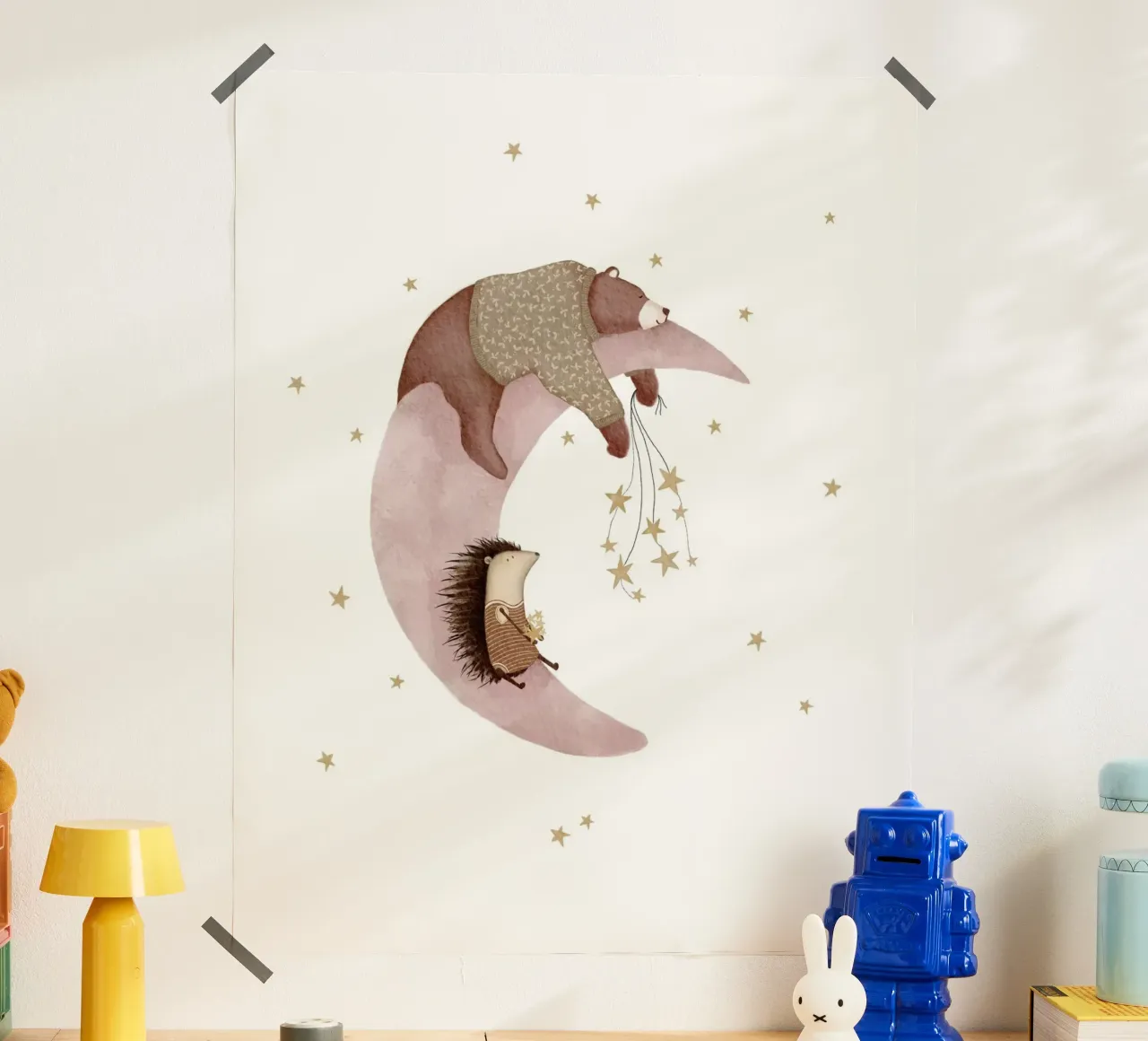 Arte della luna e delle stelle rosa per bambini poster con telaio in plastica da Urchin Bay Art