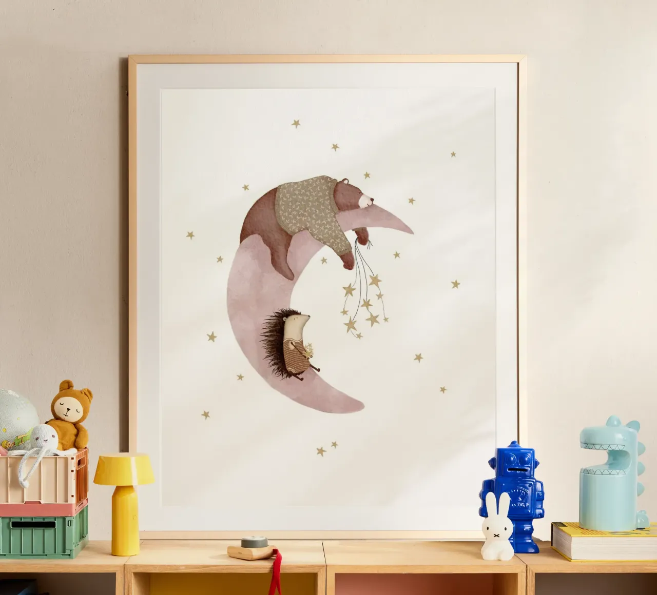 Arte della luna e delle stelle rosa per bambini poster con telaio in plastica da Urchin Bay Art