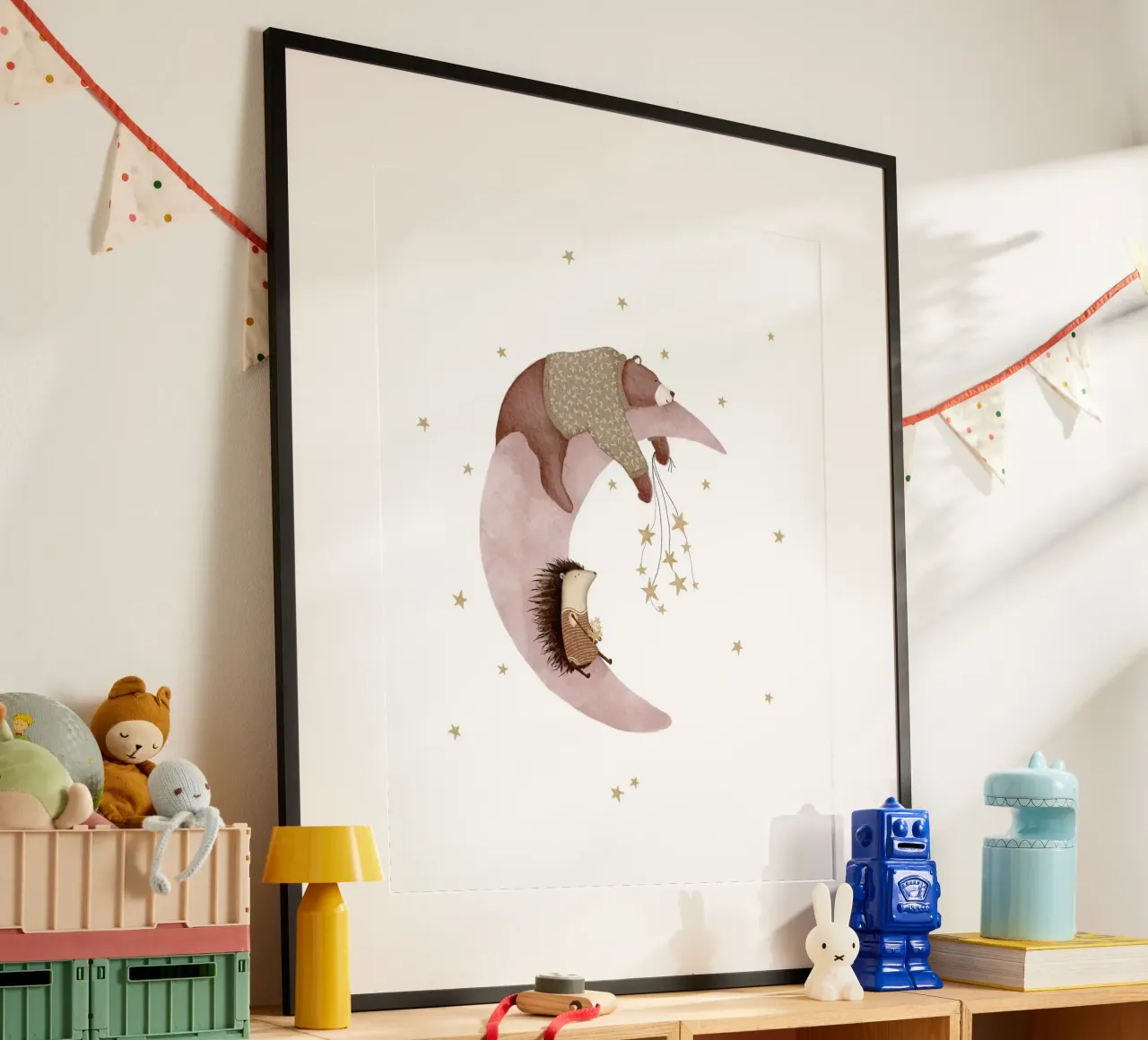 Arte della luna e delle stelle rosa per bambini poster con telaio in plastica da Urchin Bay Art