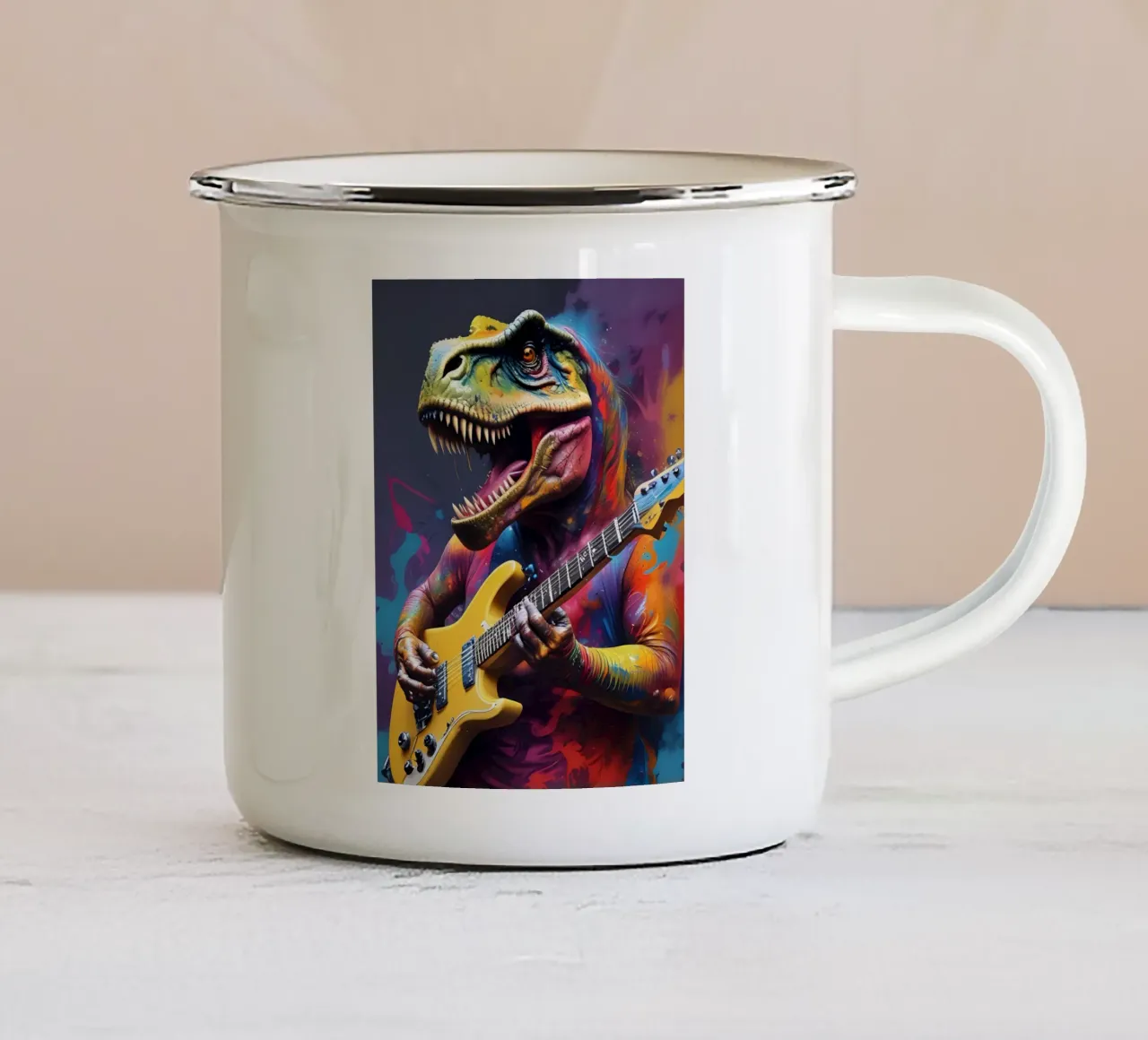 Dinosauro che suona la chitarra tazza in smalto da MakArena