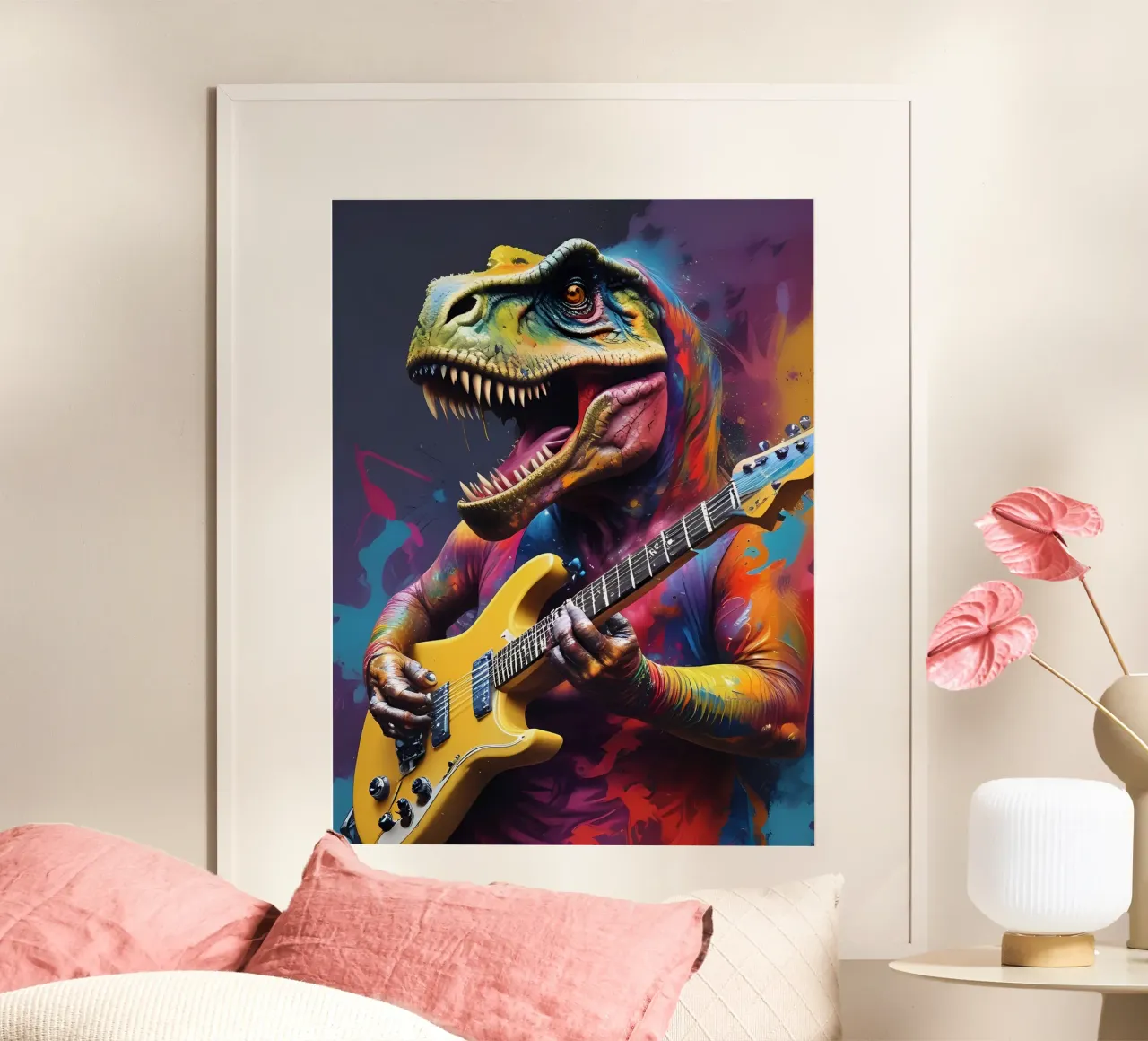 Dinosauro che suona la chitarra poster con telaio in legno da MakArena