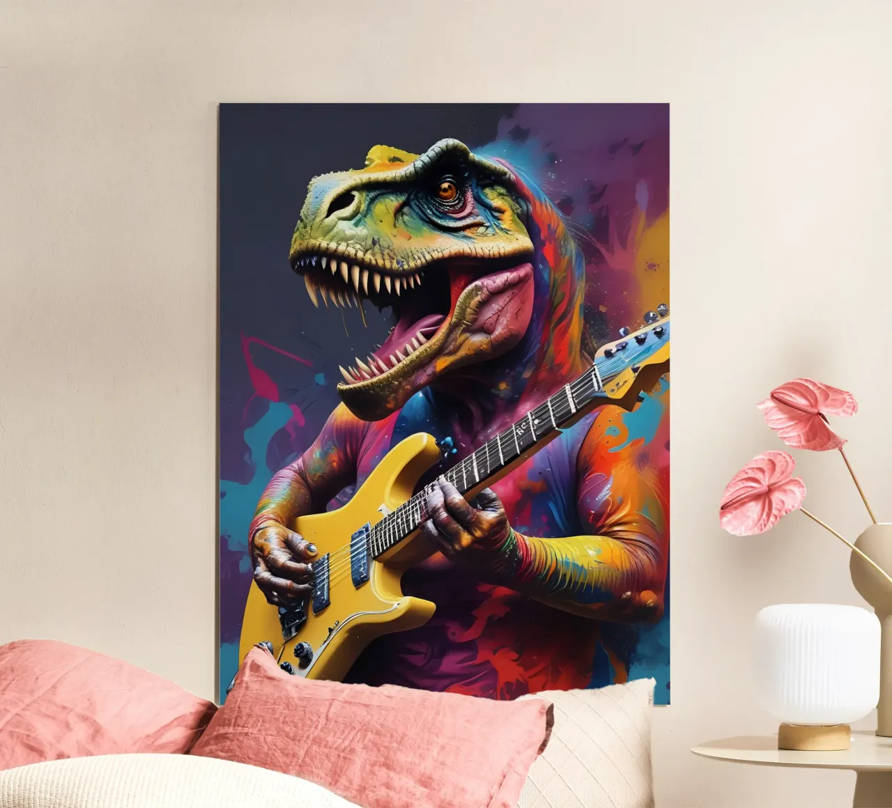 Dinosauro che suona la chitarra poster con telaio in legno da MakArena