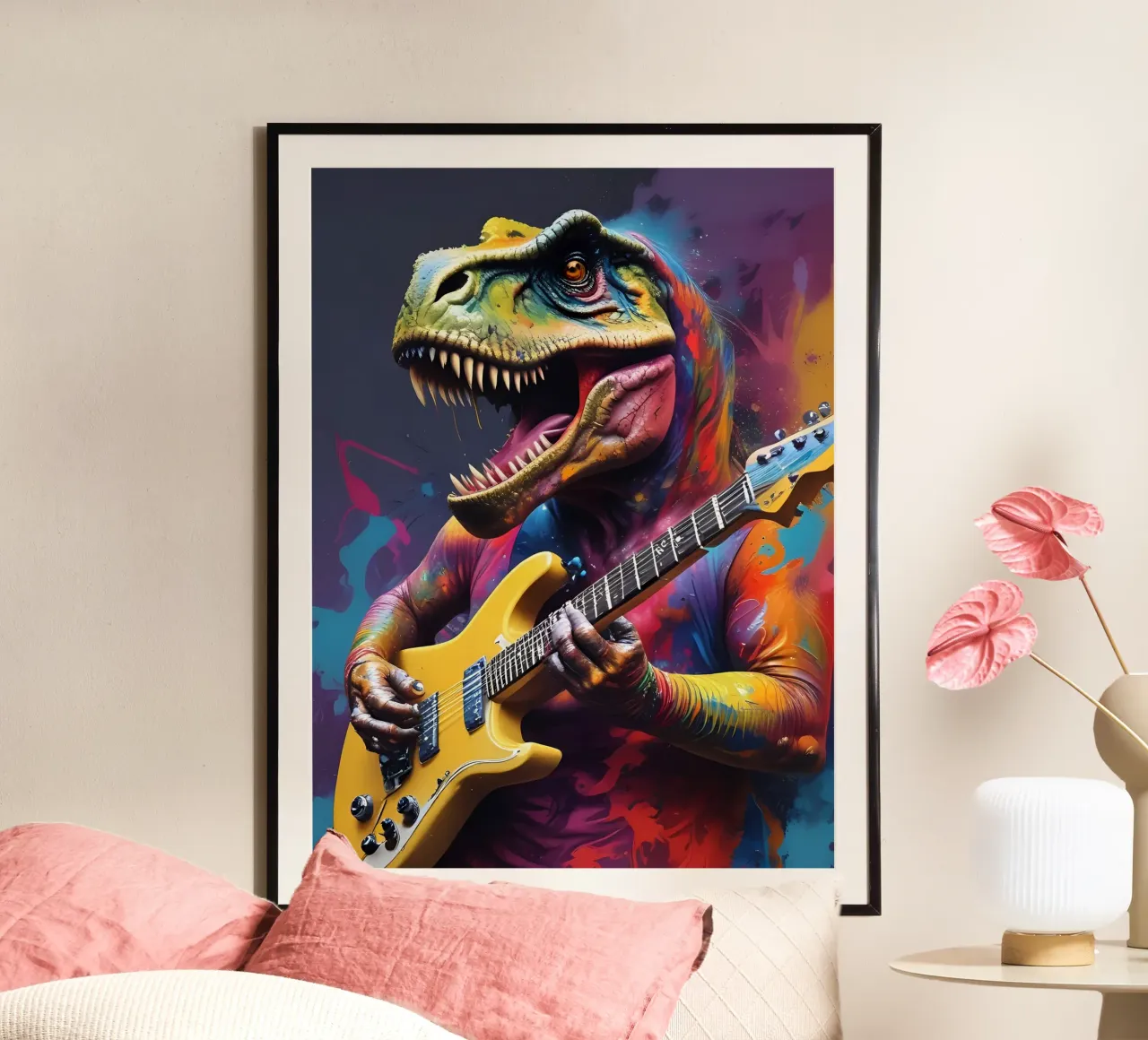 Dinosauro che suona la chitarra poster con telaio in legno da MakArena